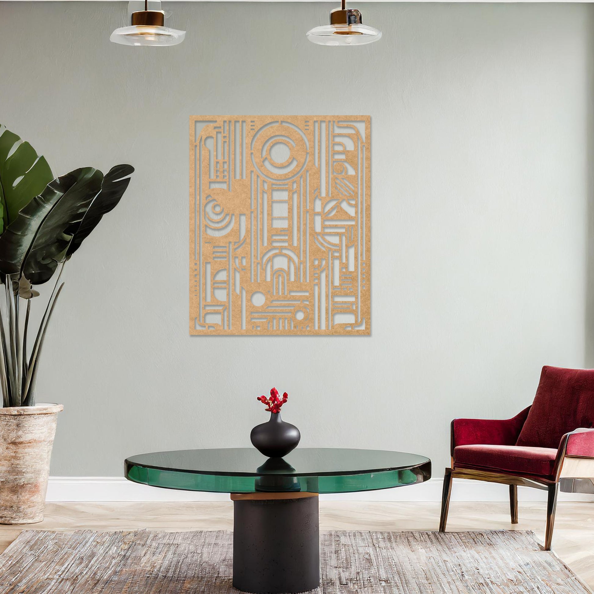Wall art featuring an abstract geometric design with a combination of circles, lines, and architectural elements. The piece is displayed on a neutral wall within modern decor, adding a bold and contemporary focal point to the space.