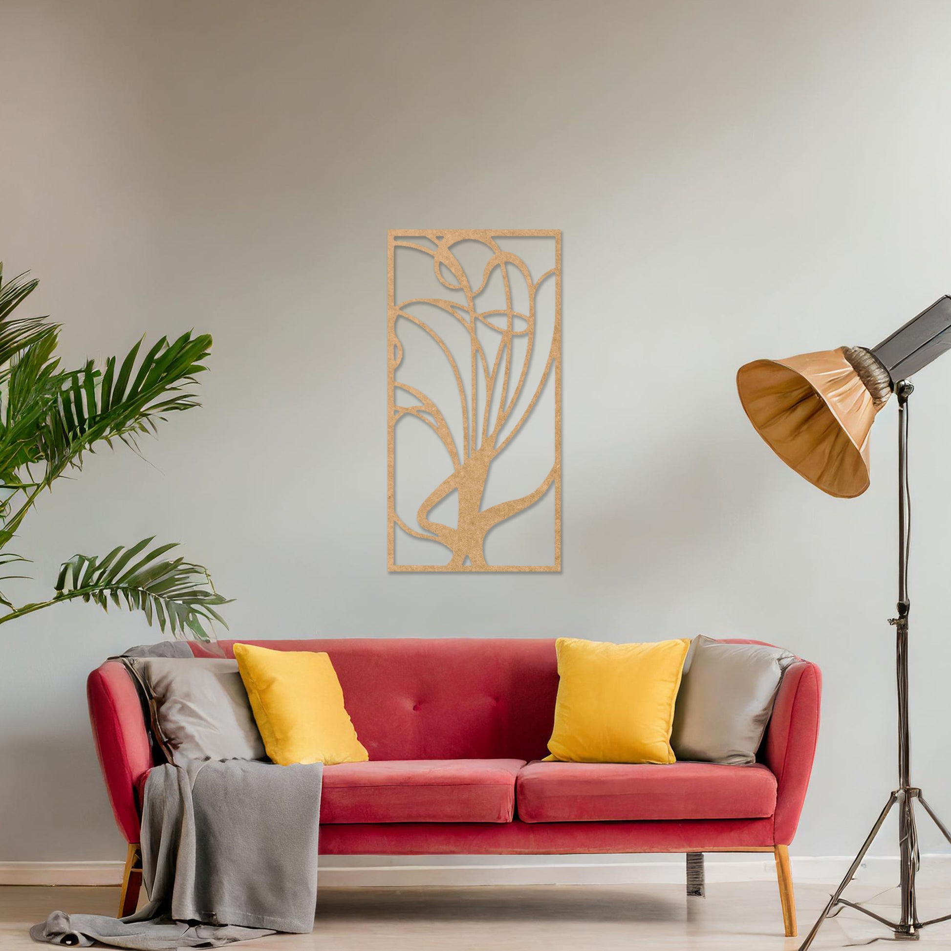 Wooden wall art featuring an abstract floral-inspired design with flowing lines, displayed on a neutral wall within modern room decor, showcasing its elegant and artistic craftsmanship.