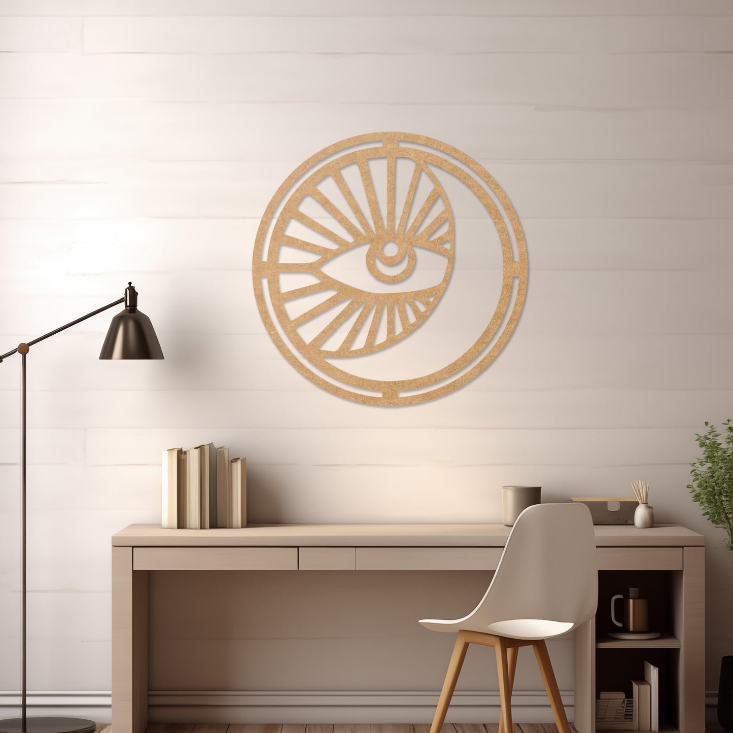 Wooden wall art featuring a circular design with an eye motif and geometric patterns radiating outward. The artwork is displayed on a neutral wall within modern room decor, highlighting its bold and contemporary aesthetic.