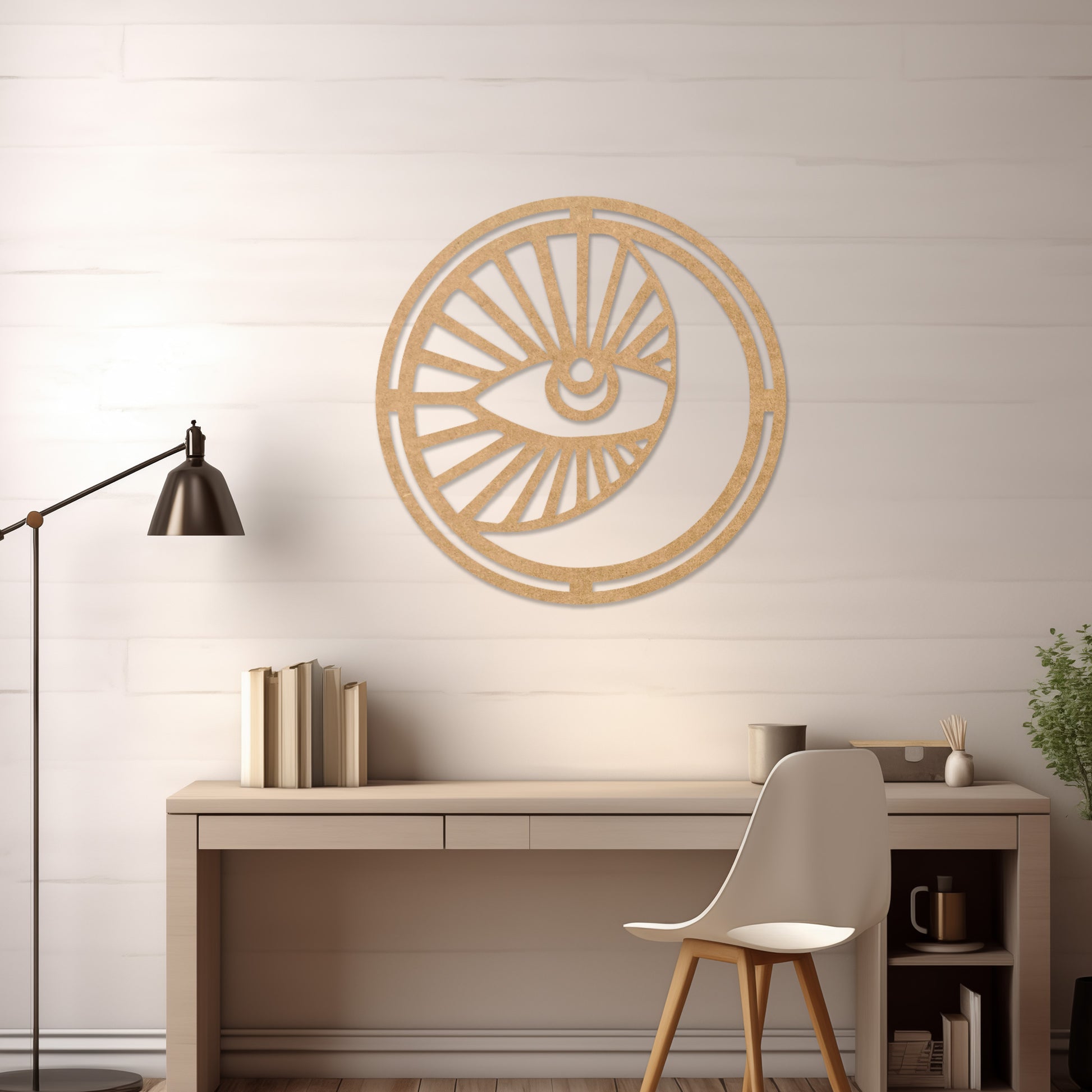 Wooden wall art featuring a circular design with an eye motif and geometric patterns radiating outward. The artwork is displayed on a neutral wall within modern room decor, highlighting its bold and contemporary aesthetic.
