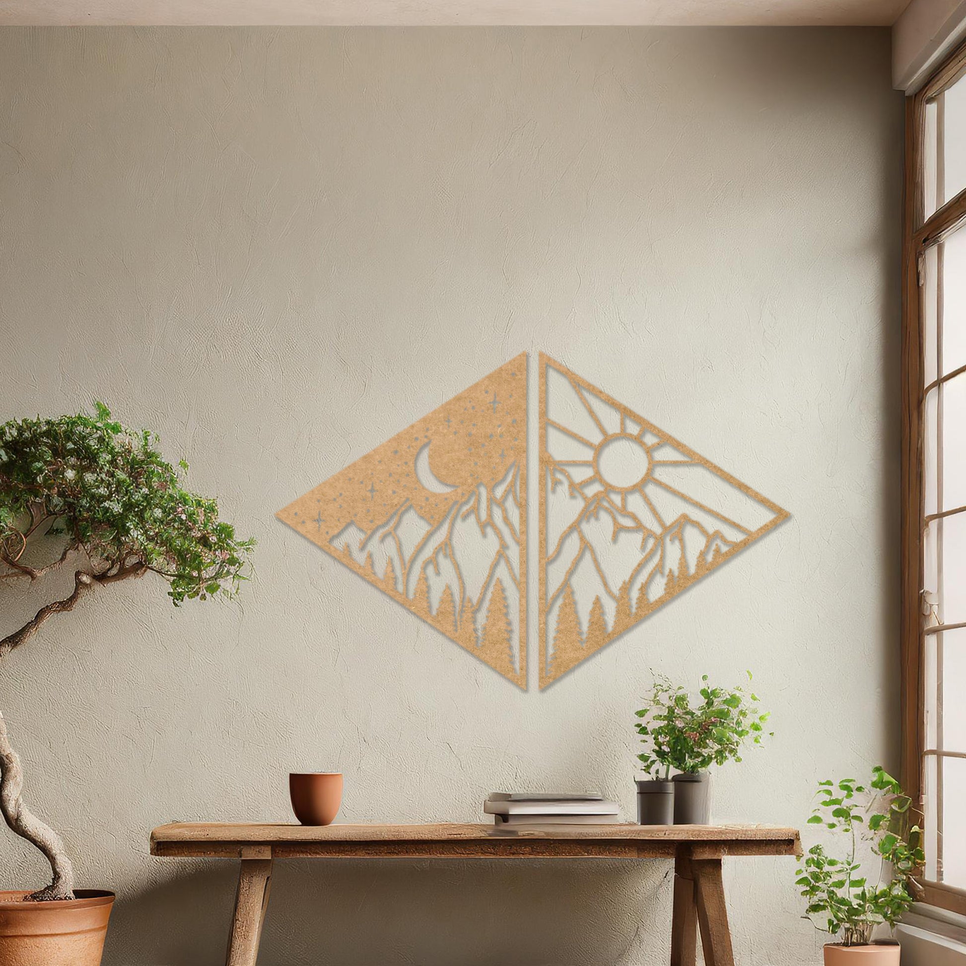 Wooden wall art design featuring a diamond-shaped composition split into two panels: one with a crescent moon and stars over mountains, and the other with a sun above the same landscape, placed on a neutral wall within modern room decor. 