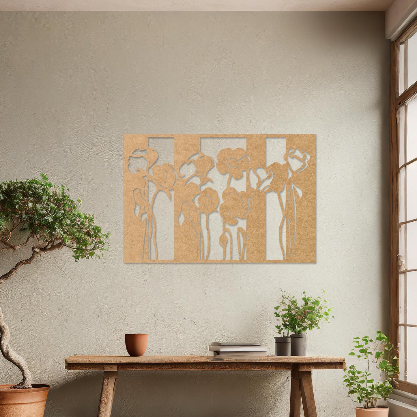 Wall art featuring a floral design with stylised poppy flowers arranged in vertical panel. The piece is displayed on a neutral wall within modern room decor, enhancing the serene and elegant atmosphere of the space.