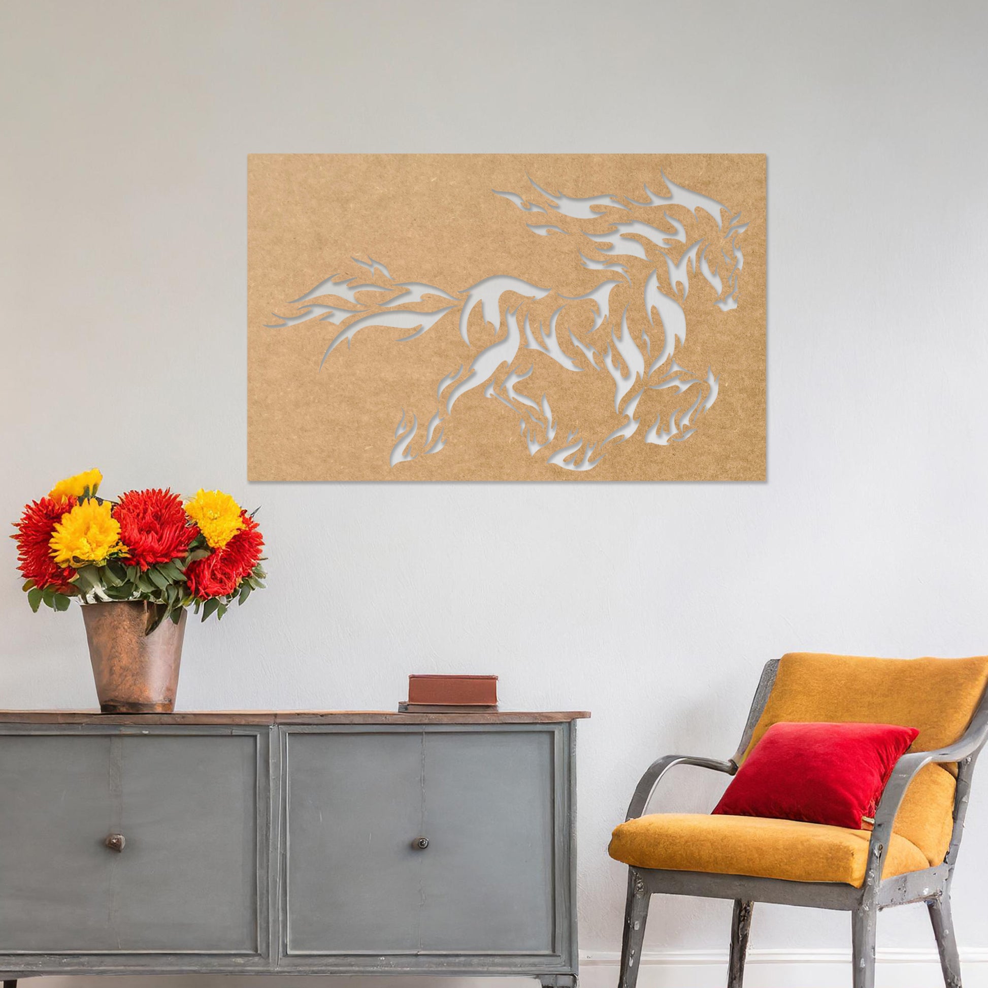 Wall art featuring a dynamic silhouette of a galloping horse with flame-inspired details creating a bold and striking design. The piece is displayed on a neutral wall within modern decor, serving as an eye-catching and artistic focal point.