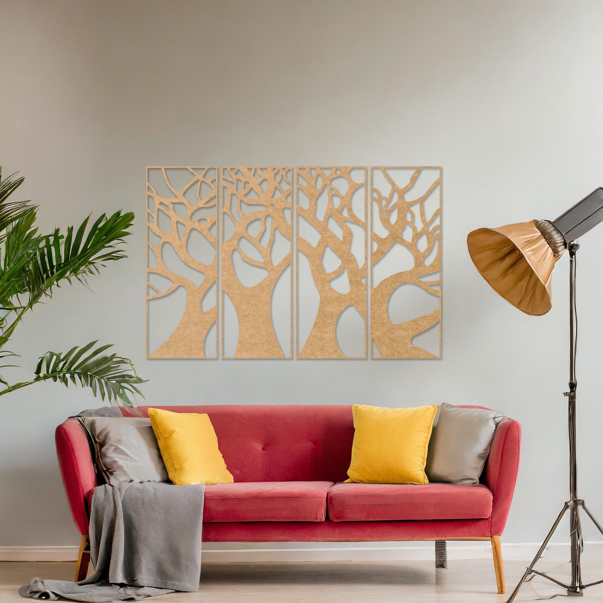 Wooden wall art featuring a set of four panels with an abstract tree design, showcasing interwoven trunks and branches, displayed on a neutral wall within modern room decor, highlighting its intricate and artistic craftsmanship.