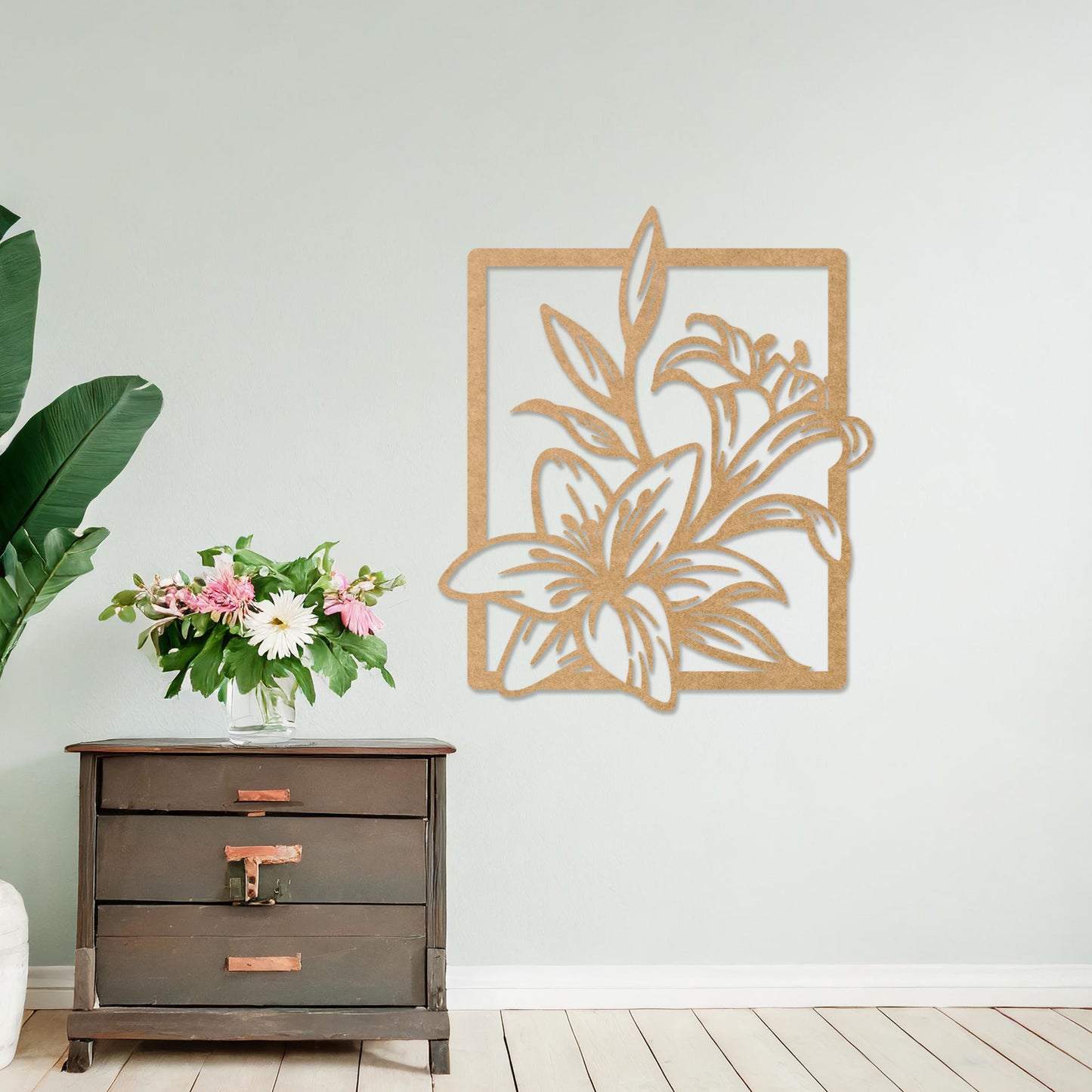 Wooden wall art featuring a delicate floral design with intricate details of lilies and leaves, placed on a neutral wall within a modern room decor, showcasing its elegant and timeless craftsmanship.