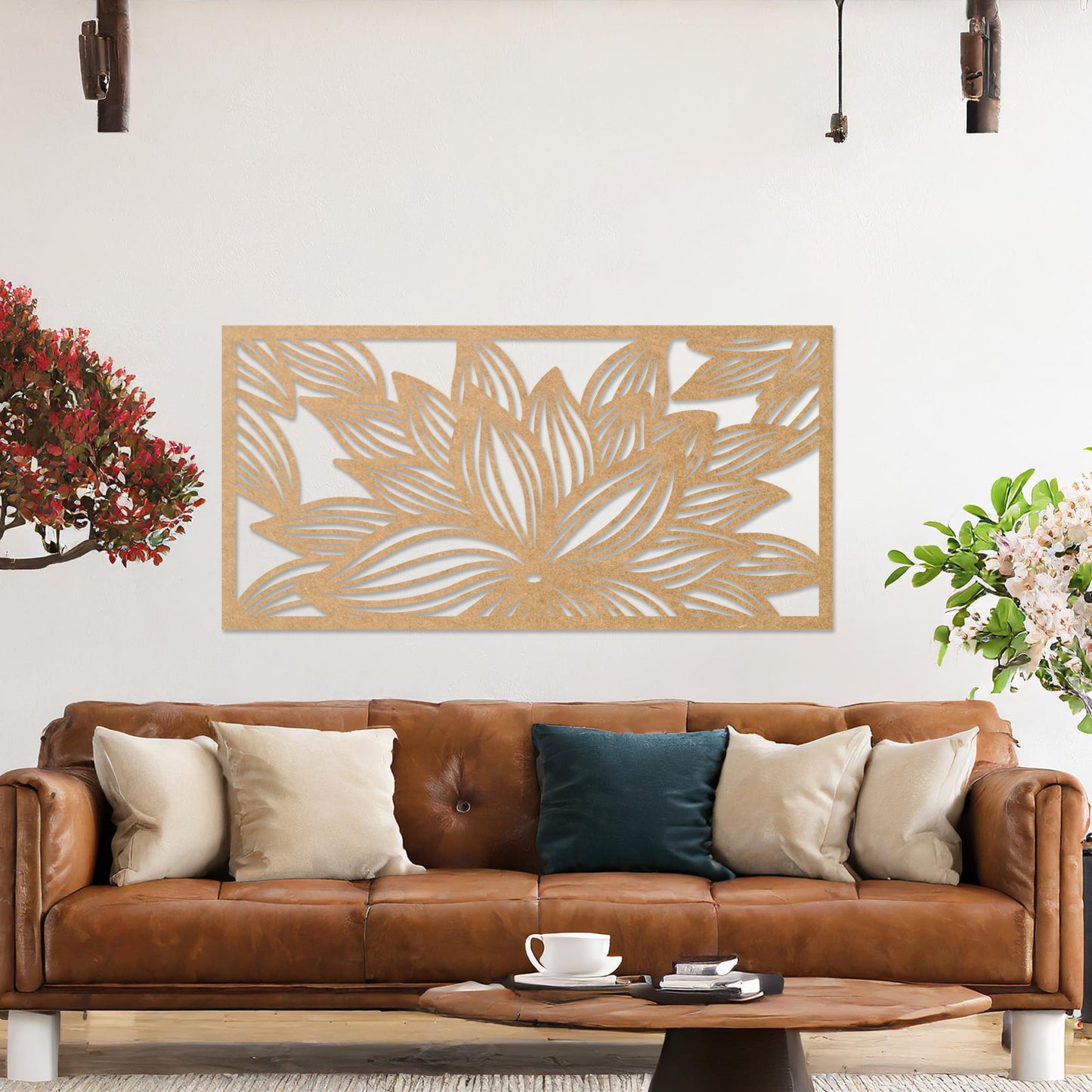 Wall art featuring a horizontal floral design with layered petals arranged in a dynamic and intricate pattern. The piece is displayed on a neutral wall within modern decor, adding an artistic and elegant focal point to the setting.