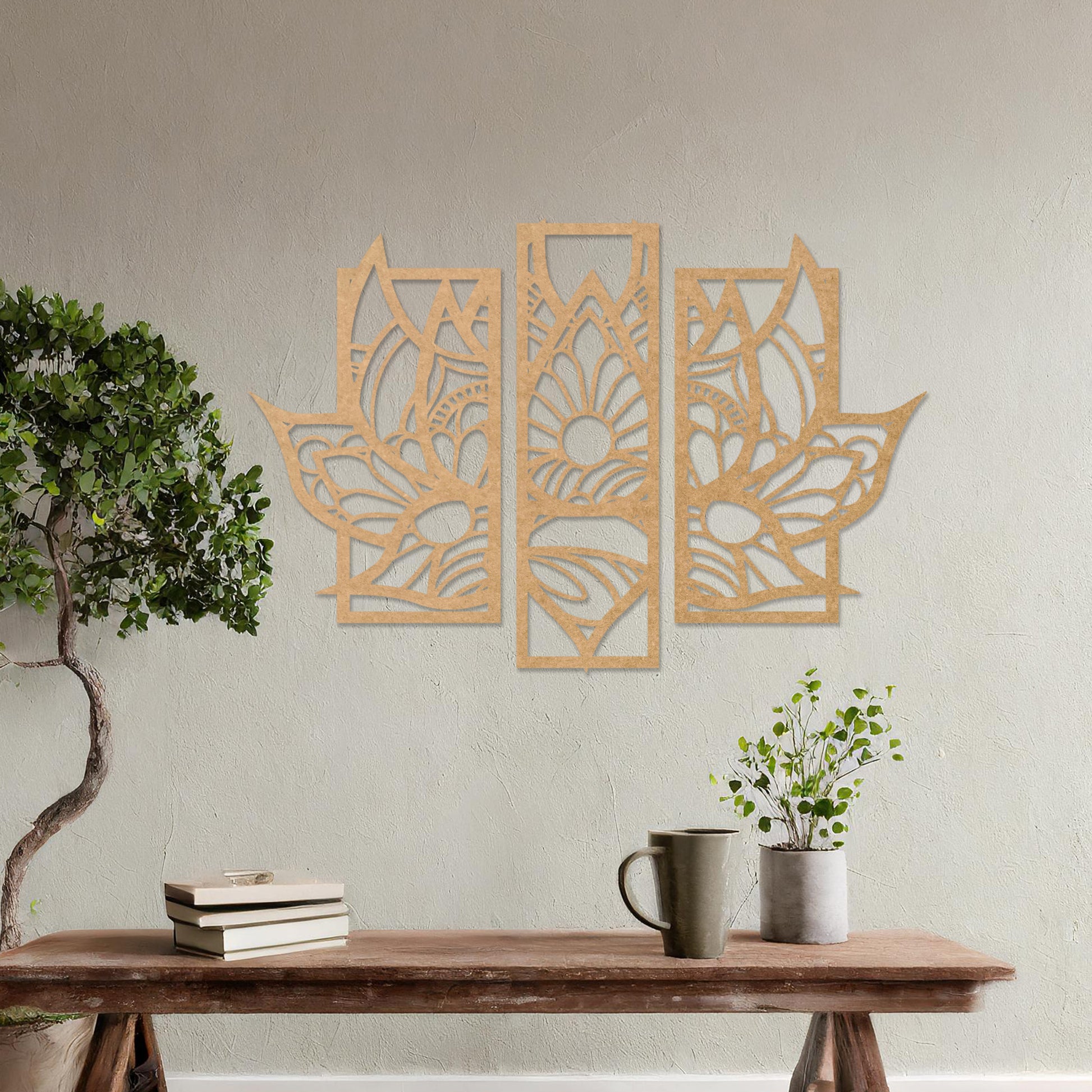 Wall art featuring a lotus-inspired floral design in three distinct panels with intricate geometric patterns. The piece is mounted on a neutral wall within modern room decor, adding elegance to the space.