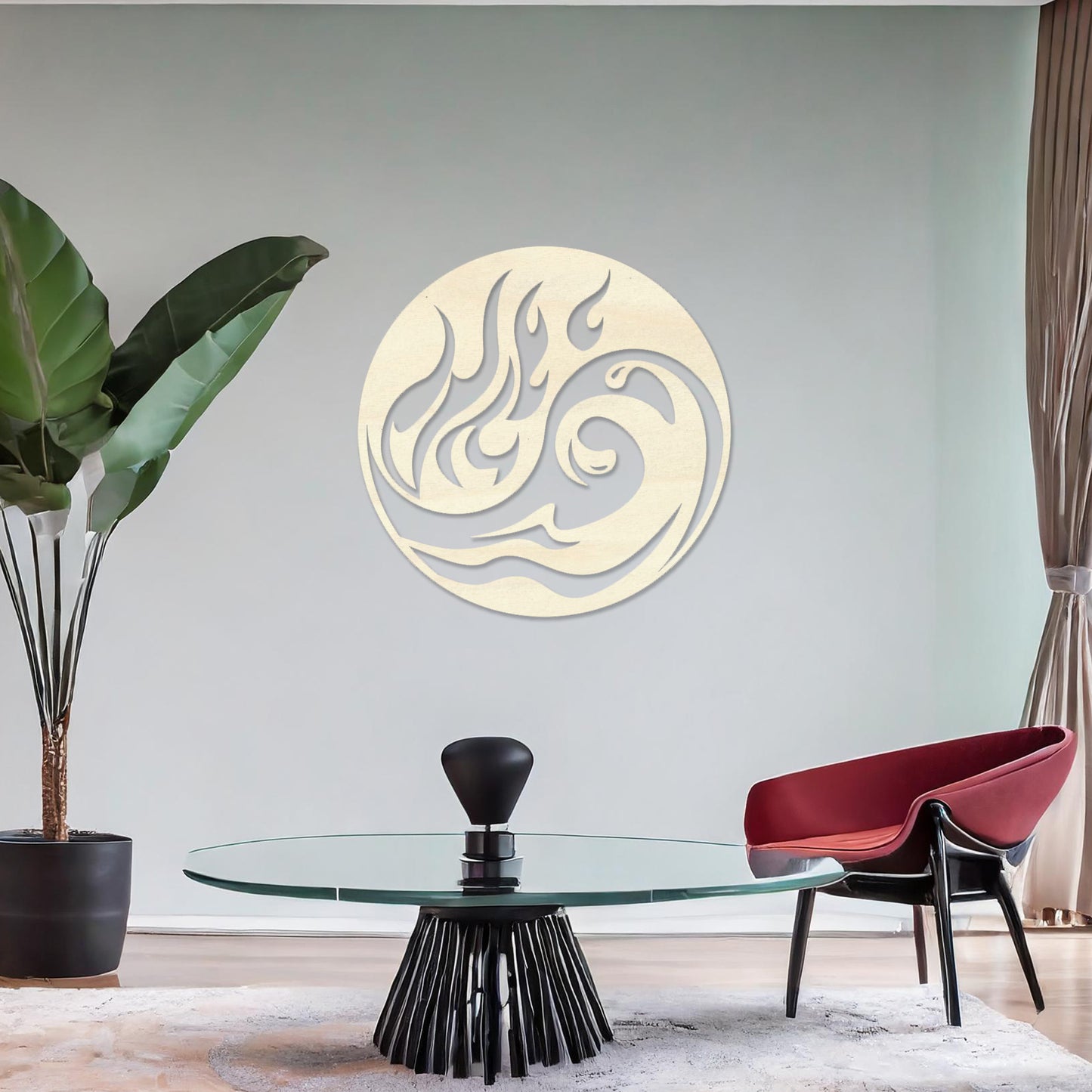 Wooden wall art featuring a circular design combining fire and wave motifs in a flowing, abstract style. The artwork is displayed on a neutral wall within modern room decor, highlighting its dynamic and artistic appeal.