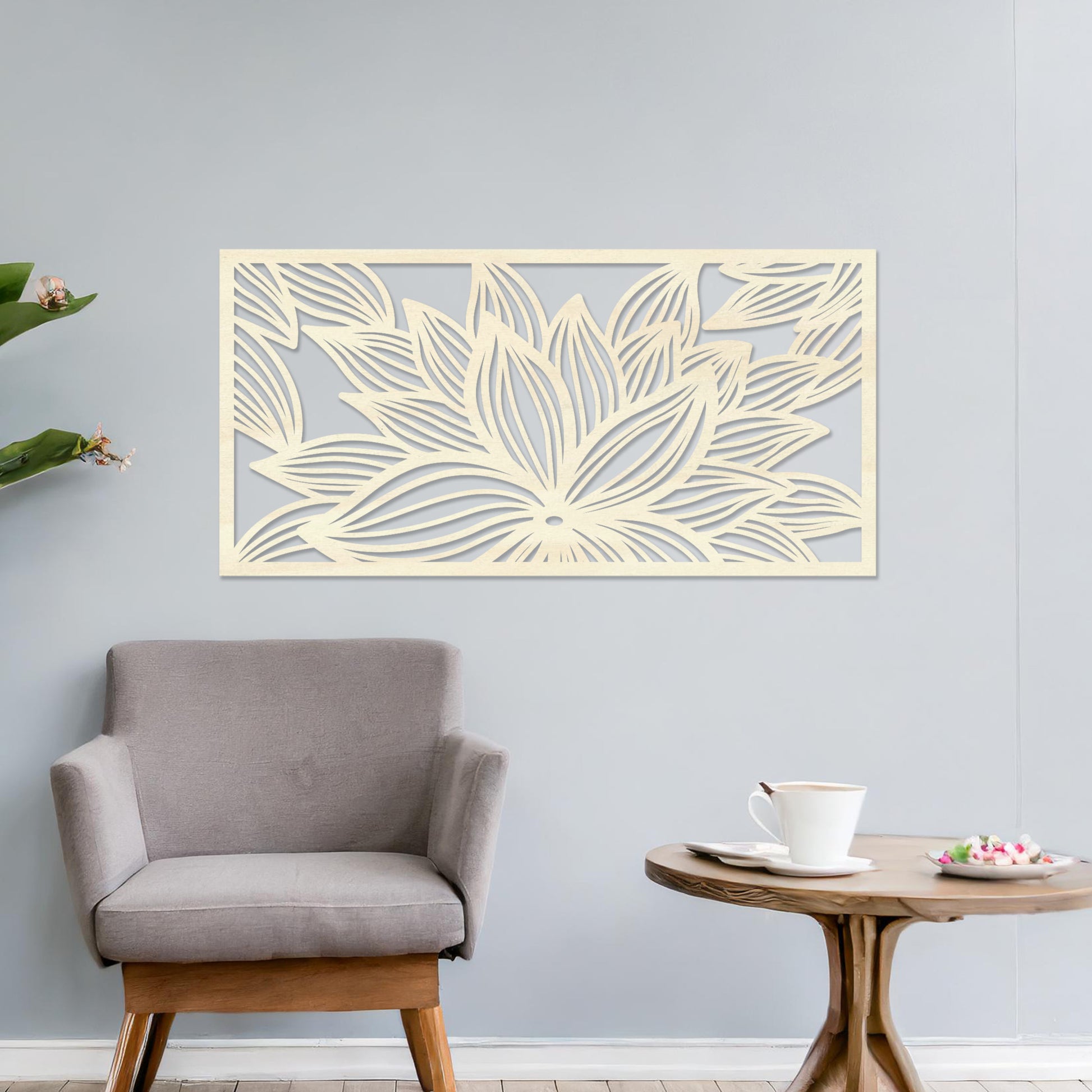 Wall art featuring a horizontal floral design with layered petals arranged in a dynamic and intricate pattern. The piece is displayed on a neutral wall within modern decor, adding an artistic and elegant focal point to the setting.
