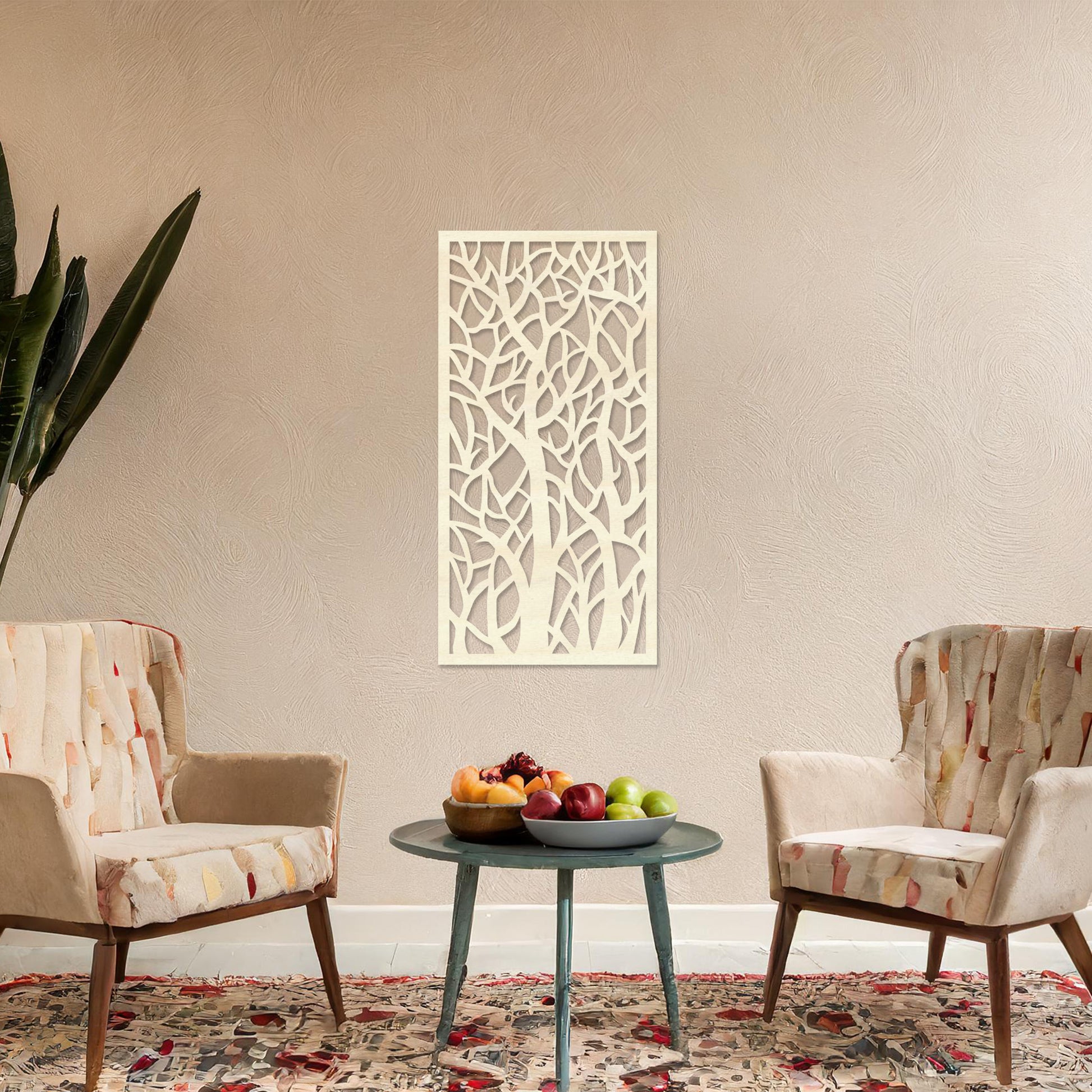 Wooden wall art featuring a vertical design of intertwined tree trunks and branches, displayed on a neutral wall within modern room decor, showcasing its intricate and artistic craftsmanship.