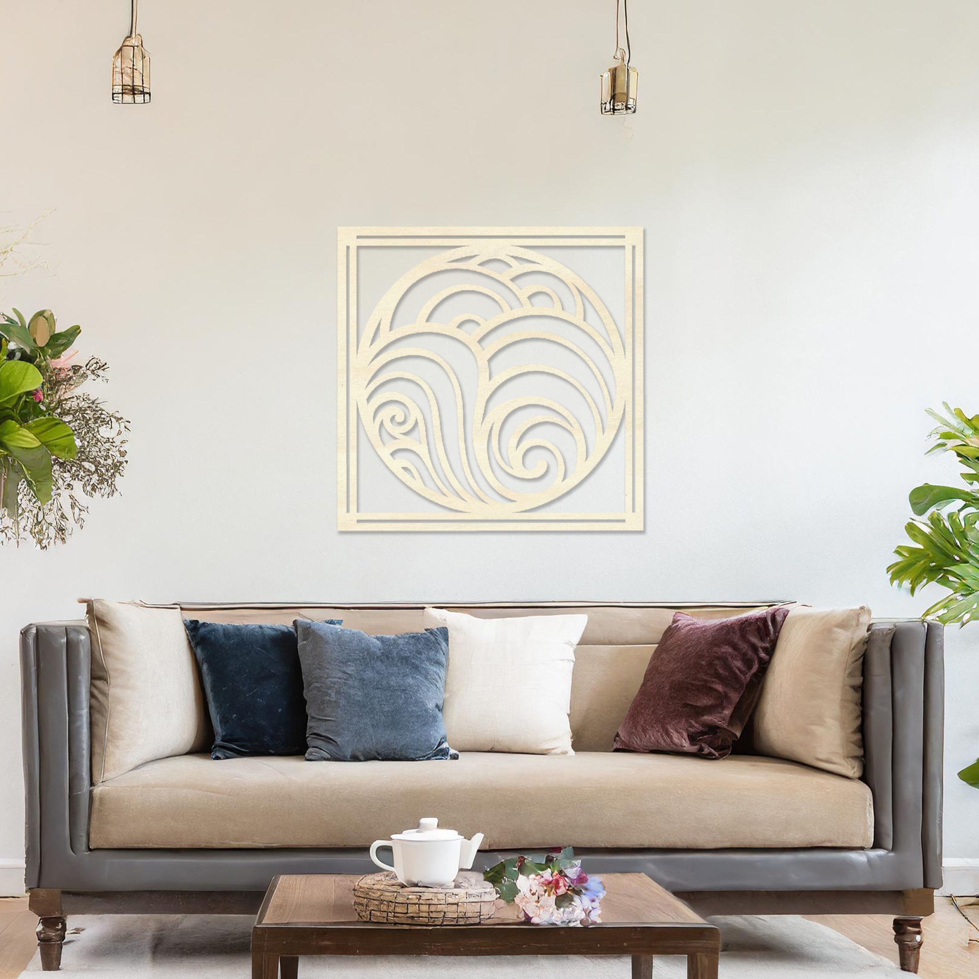 Wooden wall art design featuring a circular composition with flowing, wave-like patterns, placed on a neutral wall within modern room decor. The design evokes a sense of movement and balance with its rhythmic curves.