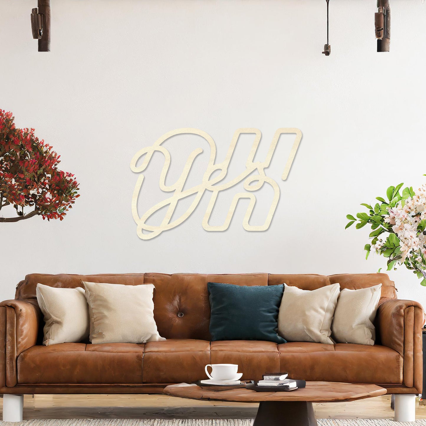 Wall art featuring the phrase "Oh Yes" in an elegant, flowing script combined with bold, block-style letters. The piece is displayed on a neutral wall within modern decor, adding a creative and playful touch to the space.