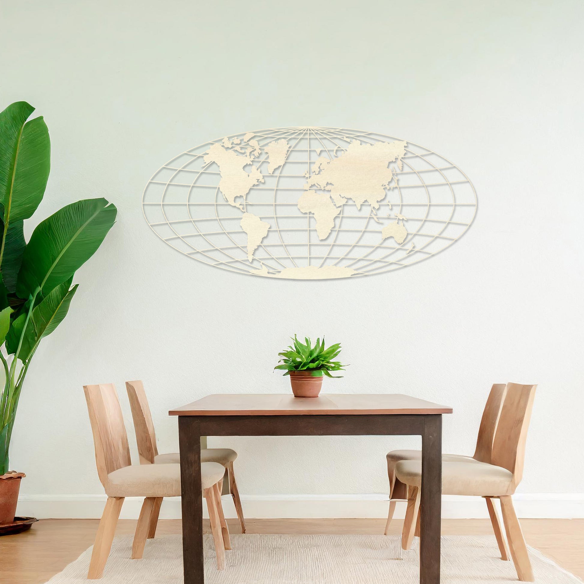 Wooden wall art featuring an oval world map design with detailed continents outlined on a grid, displayed on a neutral wall within modern room decor, showcasing its elegant and contemporary craftsmanship.
