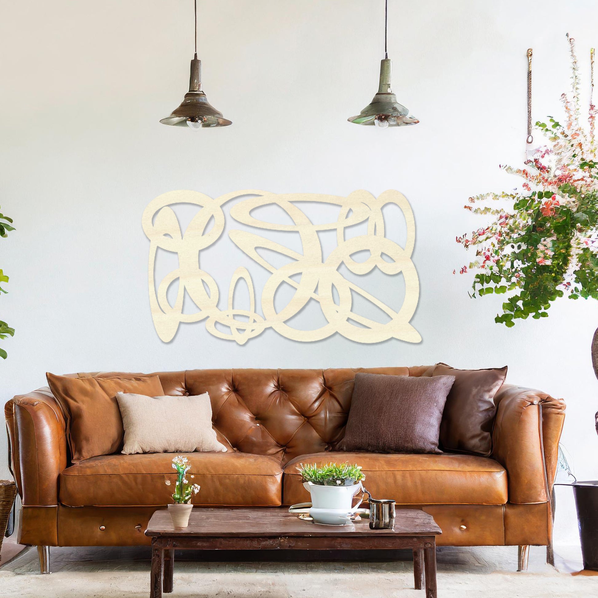 Wooden wall art design featuring an abstract composition of interwoven loops and shapes, placed on a neutral wall within modern room decor. The design combines flowing lines and organic forms for a contemporary, artistic feel.