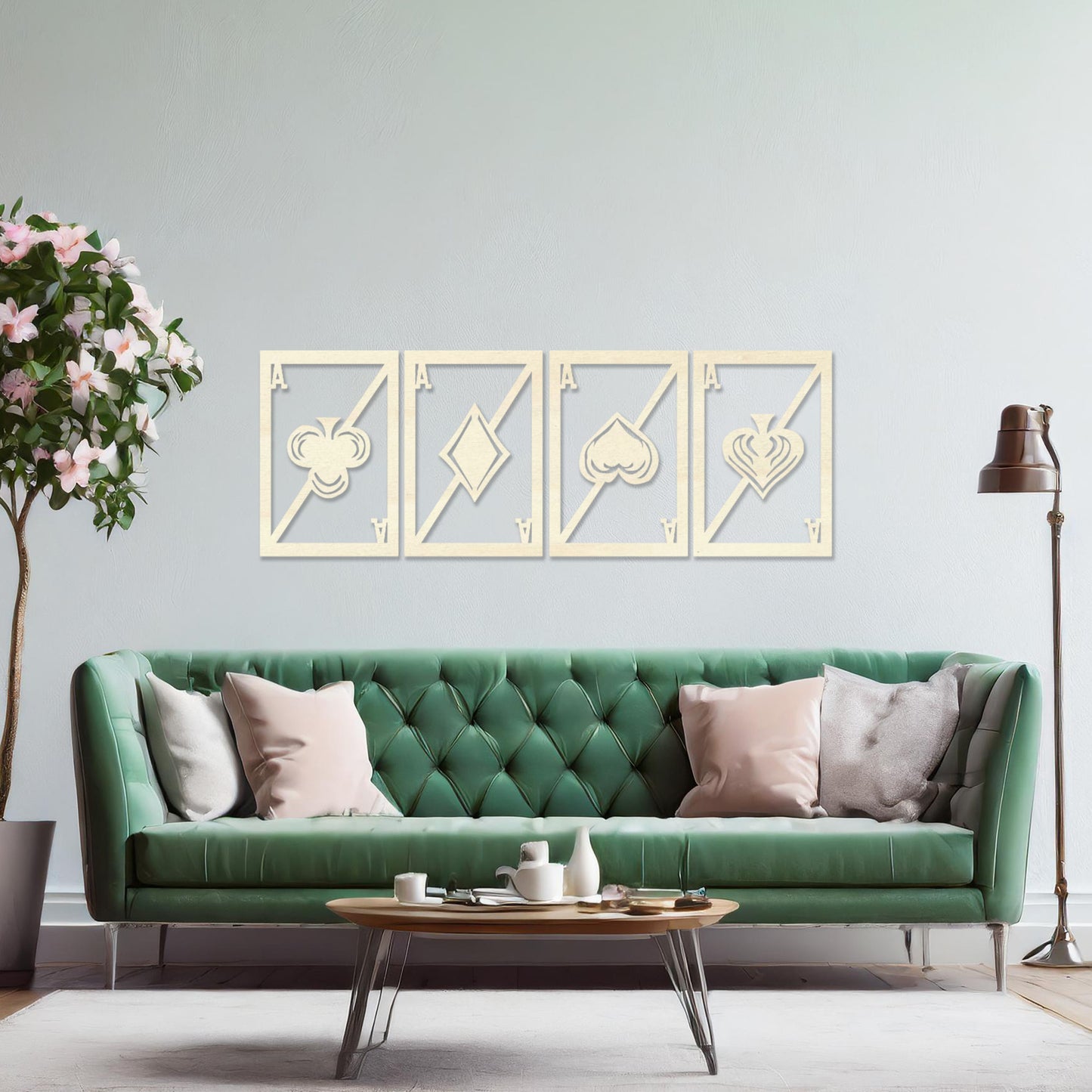 Wooden wall art featuring a set of four panels with playing card ace designs, each showcasing a club, diamond, heart, and spade symbol, displayed on a neutral wall within modern room decor, highlighting its bold and creative craftsmanship.