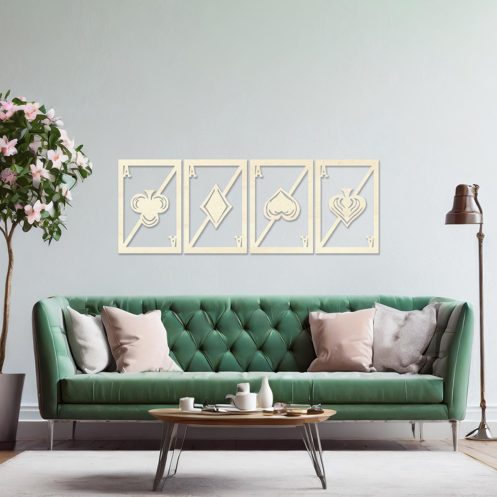 Wooden wall art featuring a set of four panels with playing card ace designs, each showcasing a club, diamond, heart, and spade symbol, displayed on a neutral wall within modern room decor, highlighting its bold and creative craftsmanship.