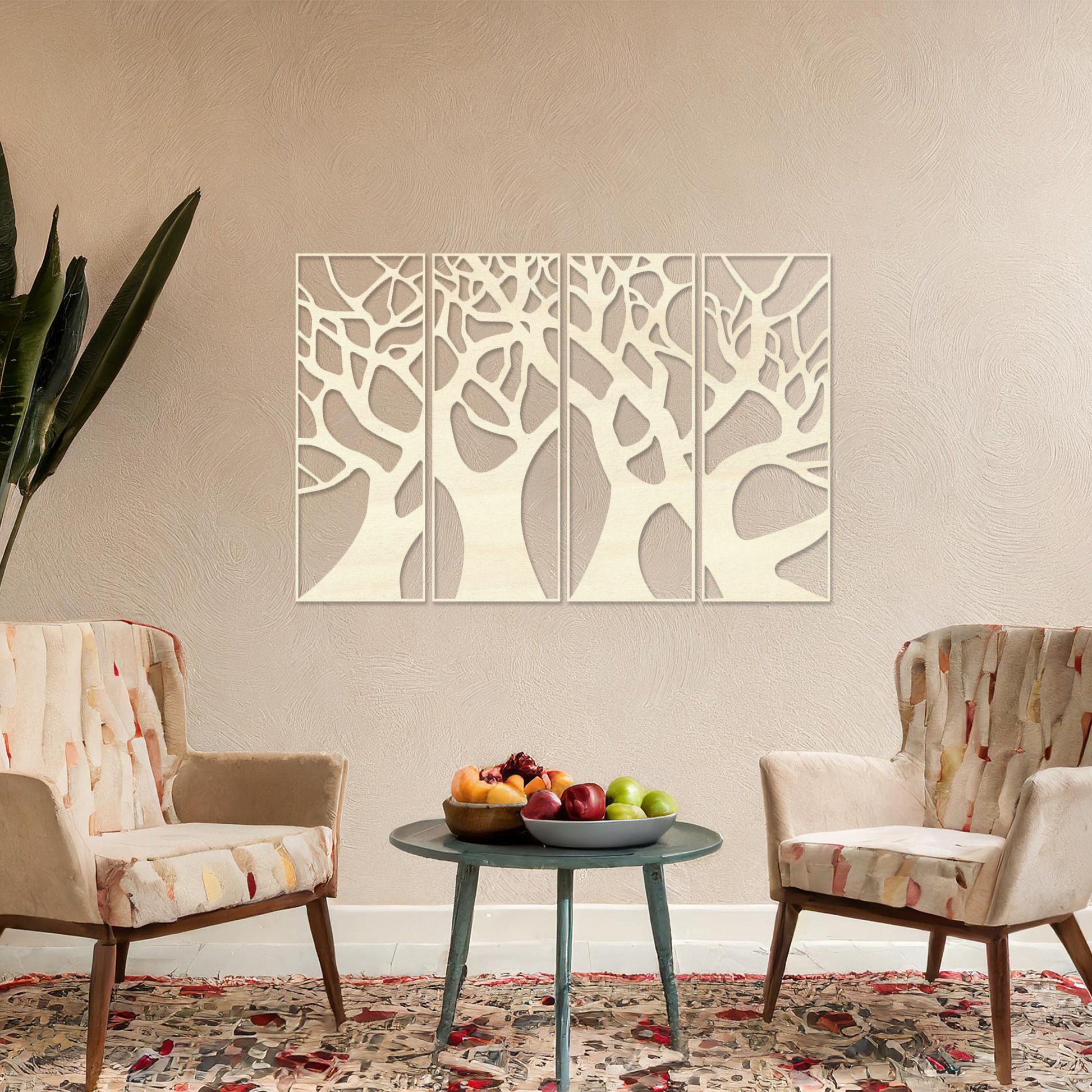 Wooden wall art featuring a set of four panels with an abstract tree design, showcasing interwoven trunks and branches, displayed on a neutral wall within modern room decor, highlighting its intricate and artistic craftsmanship.