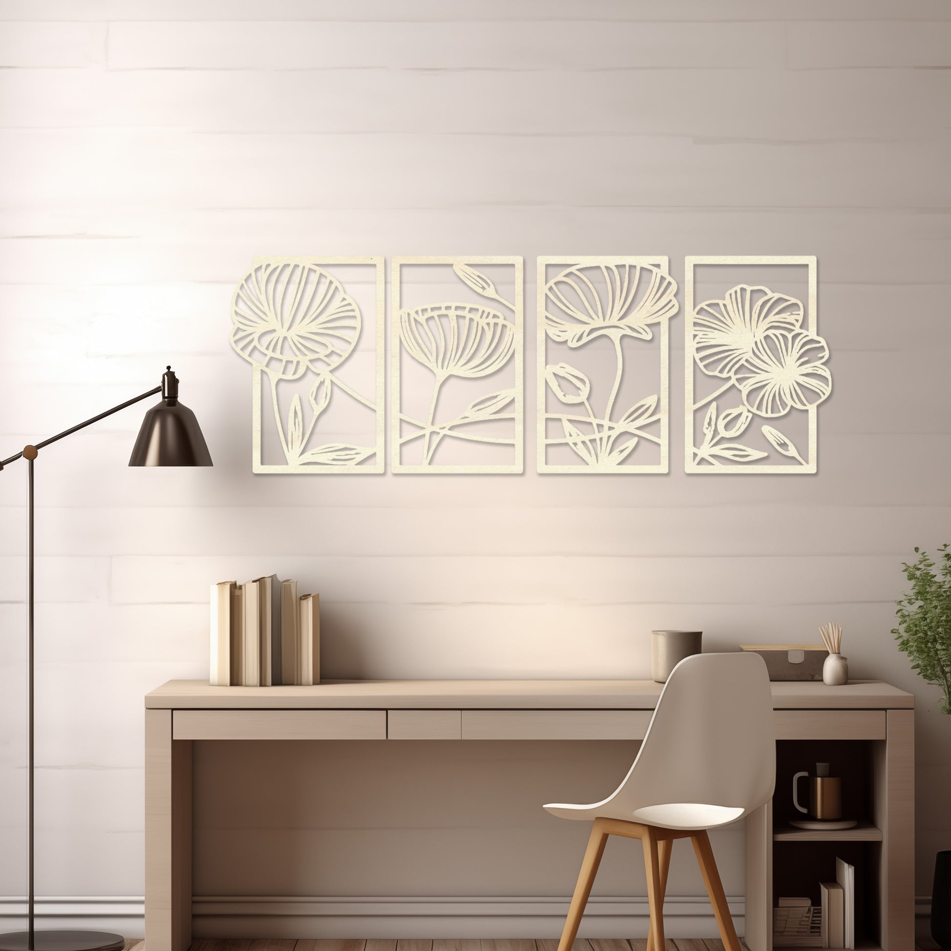 Wooden wall art featuring a four-panel design with intricate floral patterns of blooming flowers and leaves. The artwork is displayed on a neutral wall within modern room decor, highlighting its natural and elegant aesthetic.