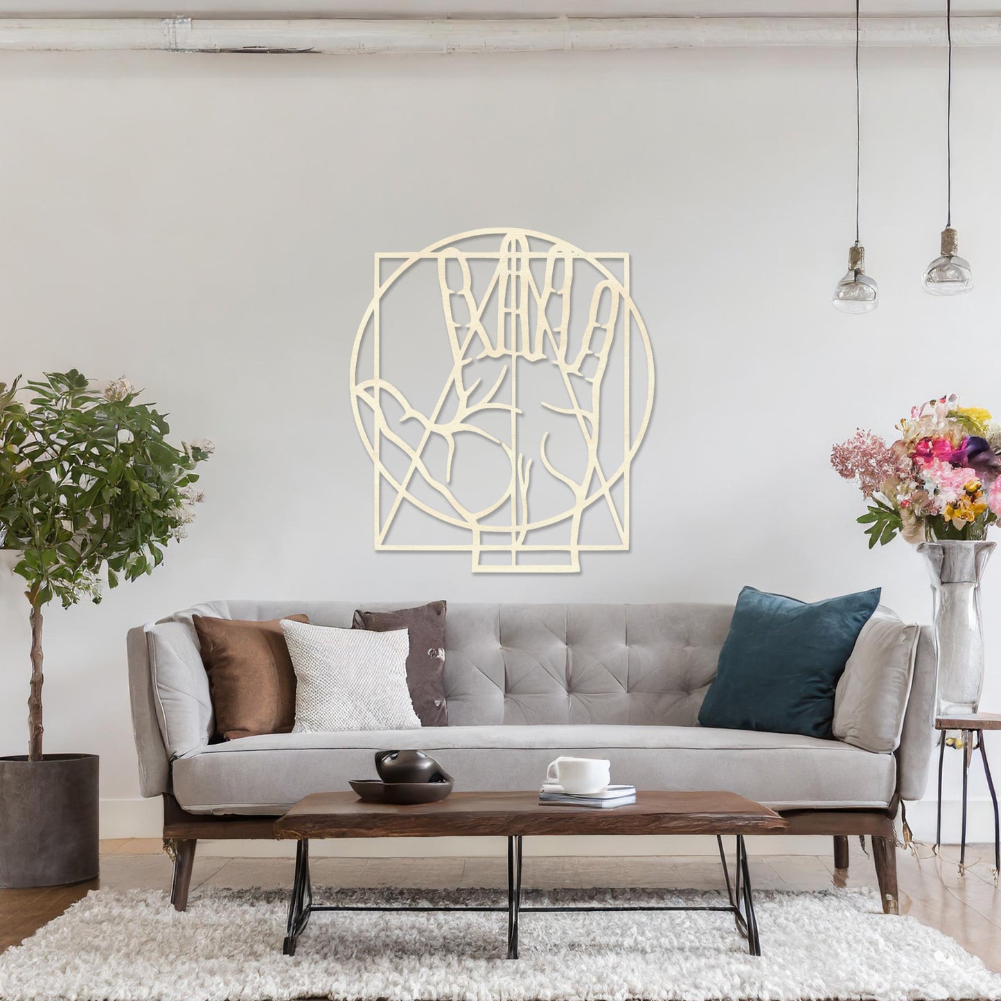 This design features a geometric and minimalist representation of a hand, framed within a circle and square. The clean lines and balanced shape create a modern, artistic effect perfect for contemporary spaces.