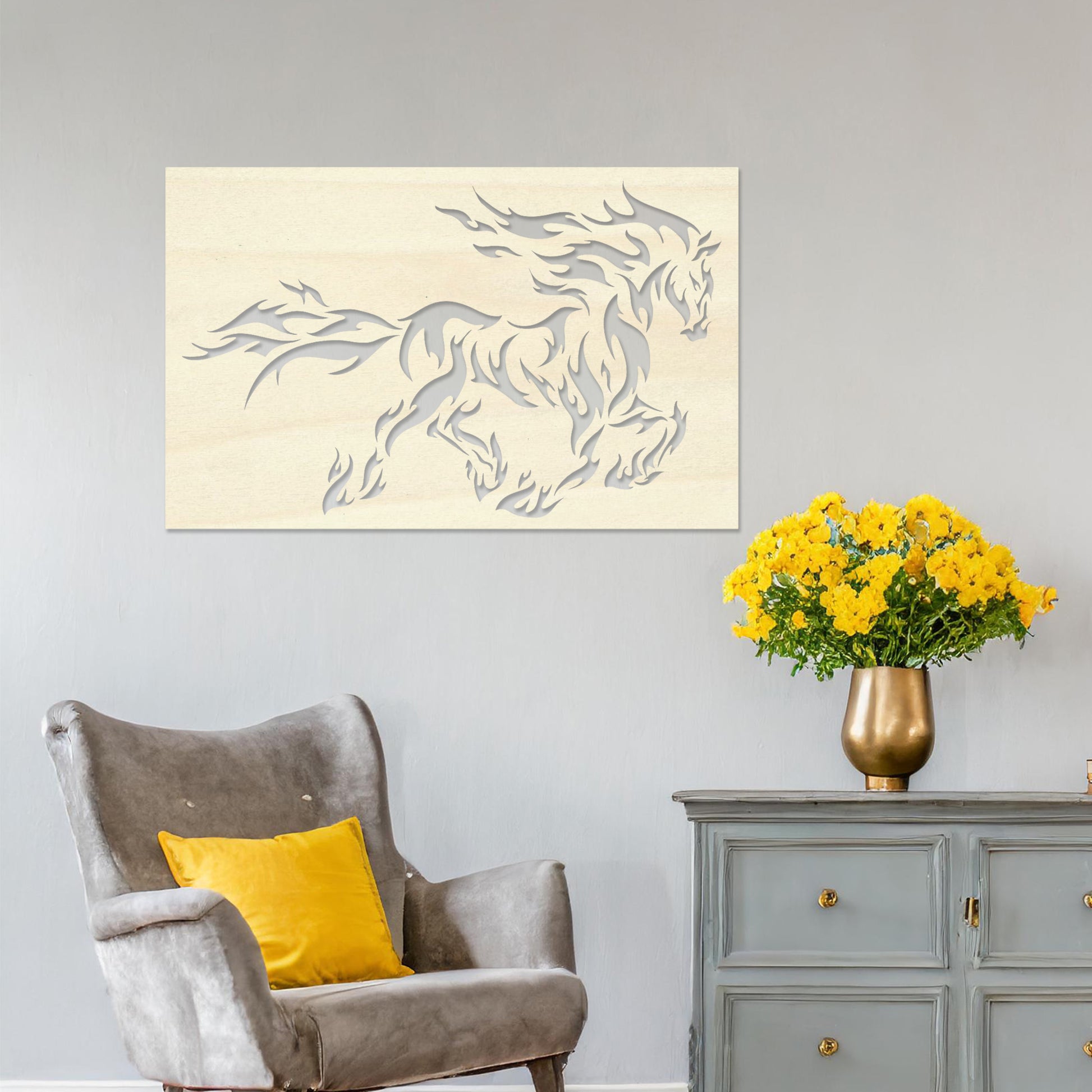 Wall art featuring a dynamic silhouette of a galloping horse with flame-inspired details creating a bold and striking design. The piece is displayed on a neutral wall within modern decor, serving as an eye-catching and artistic focal point.