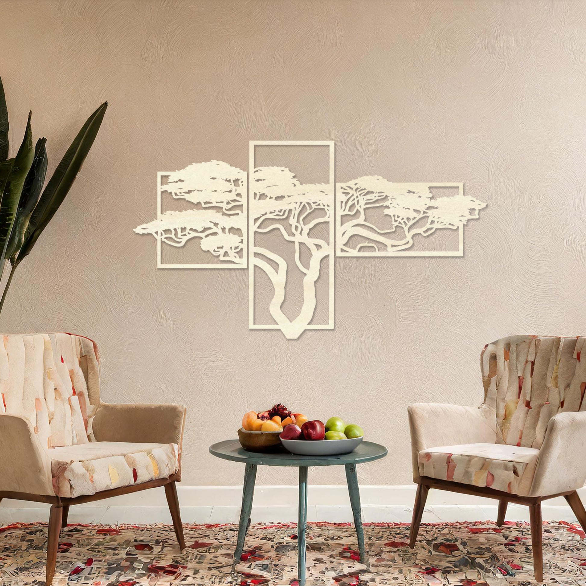 Wooden wall art featuring a multi-panel design of a tree with intricate branches, placed on a neutral wall within modern room decor, showcasing its detailed craftsmanship and elegant composition.