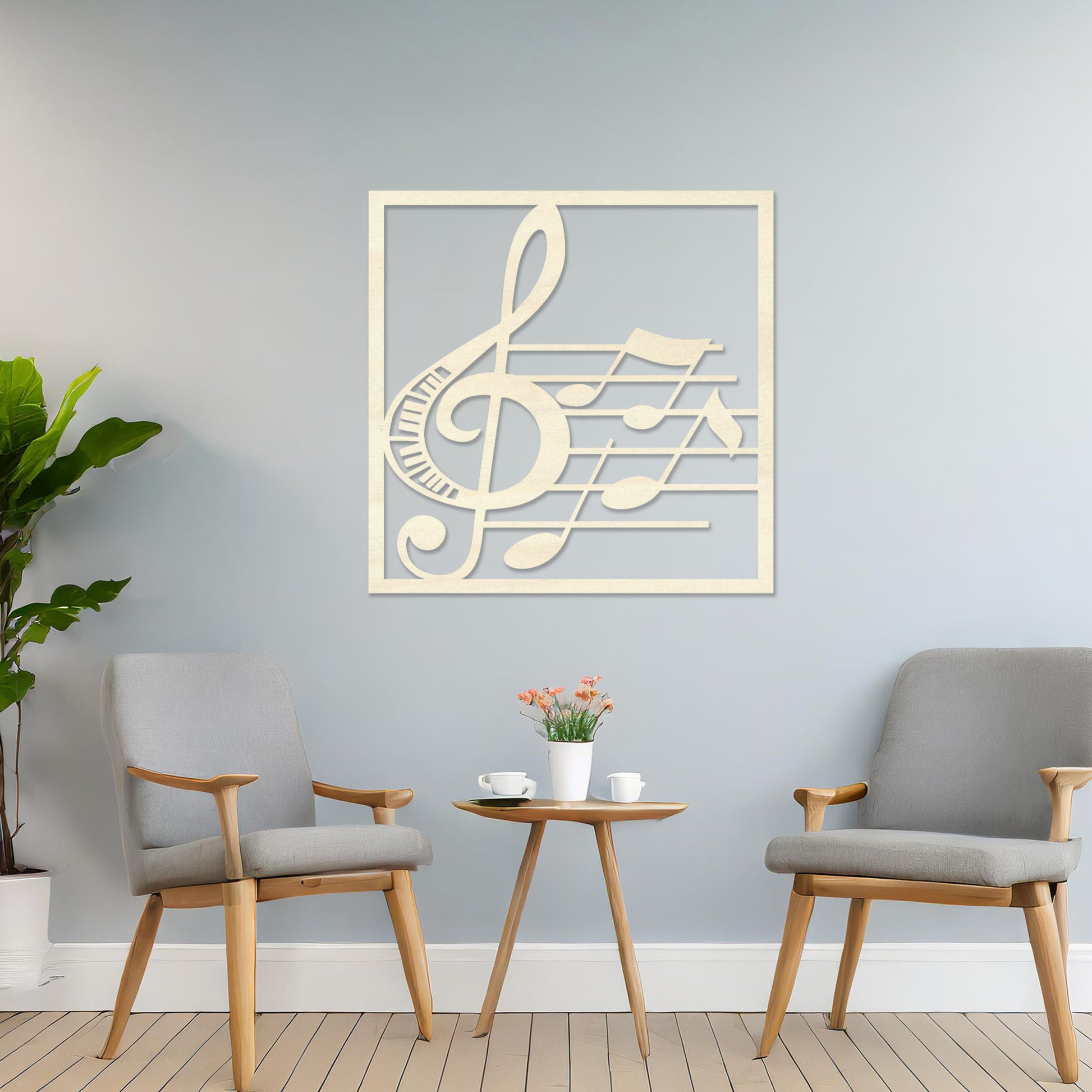 Wooden wall art featuring a musical design with a treble clef, musical notes, and staff lines, displayed on a neutral wall within modern room decor, highlighting its artistic and creative craftsmanship.