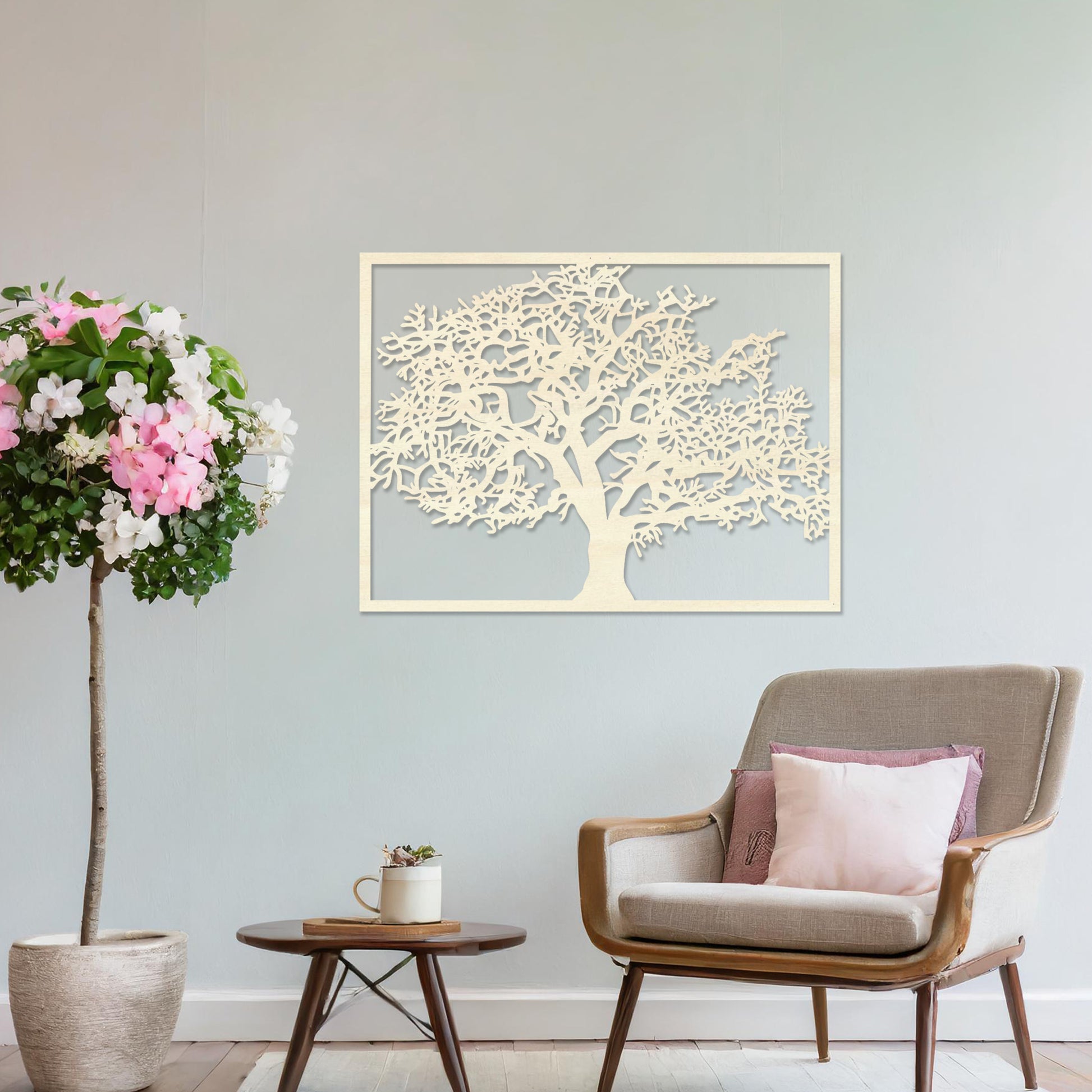 Wooden wall art featuring a rectangular tree design with detailed branches and leaves, displayed on a neutral wall within modern room decor, showcasing its natural and intricate craftsmanship.