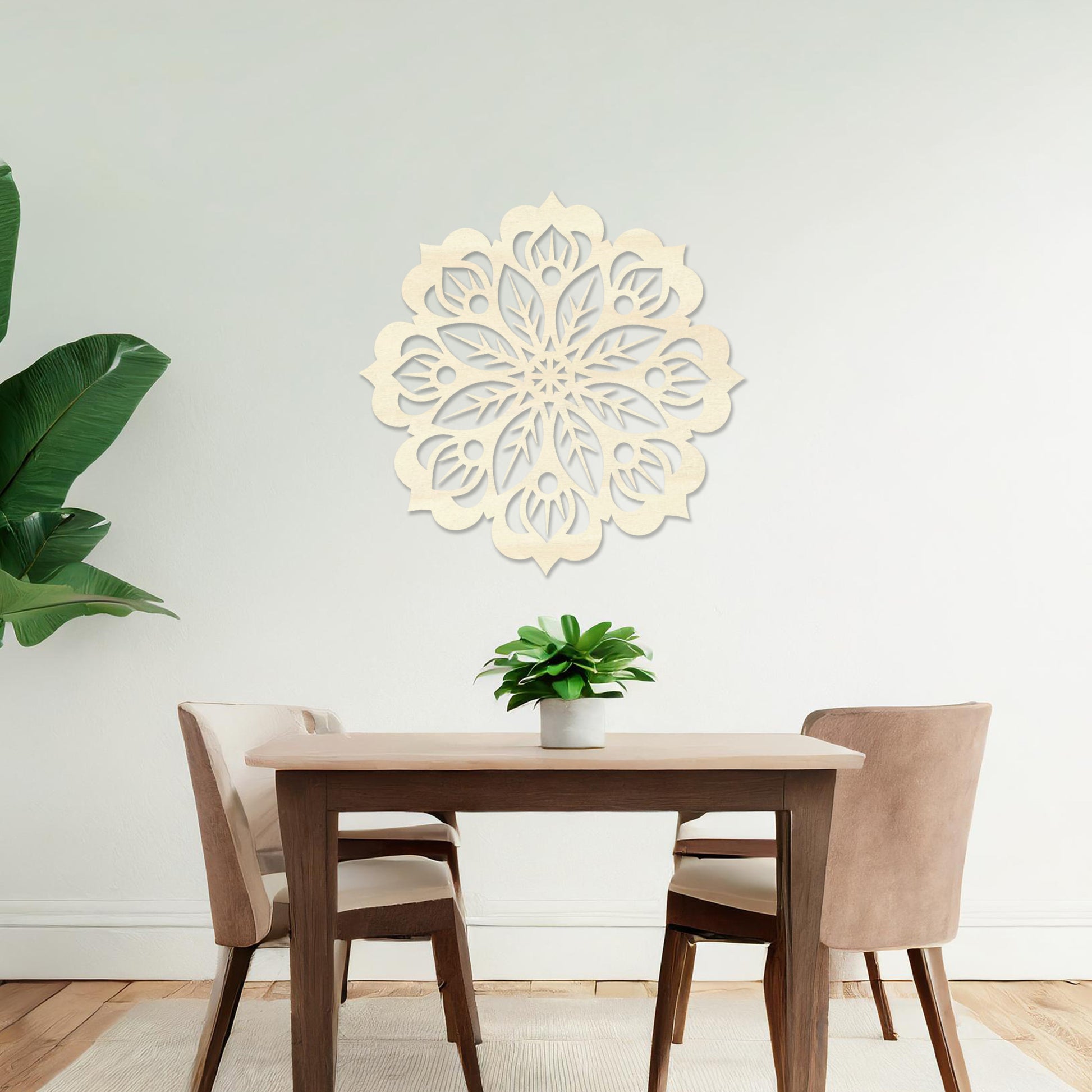 Wooden wall art featuring a circular mandala design with intricate floral and geometric patterns. The artwork is displayed on a neutral wall within modern room decor, highlighting its artistic and symmetrical elegance.