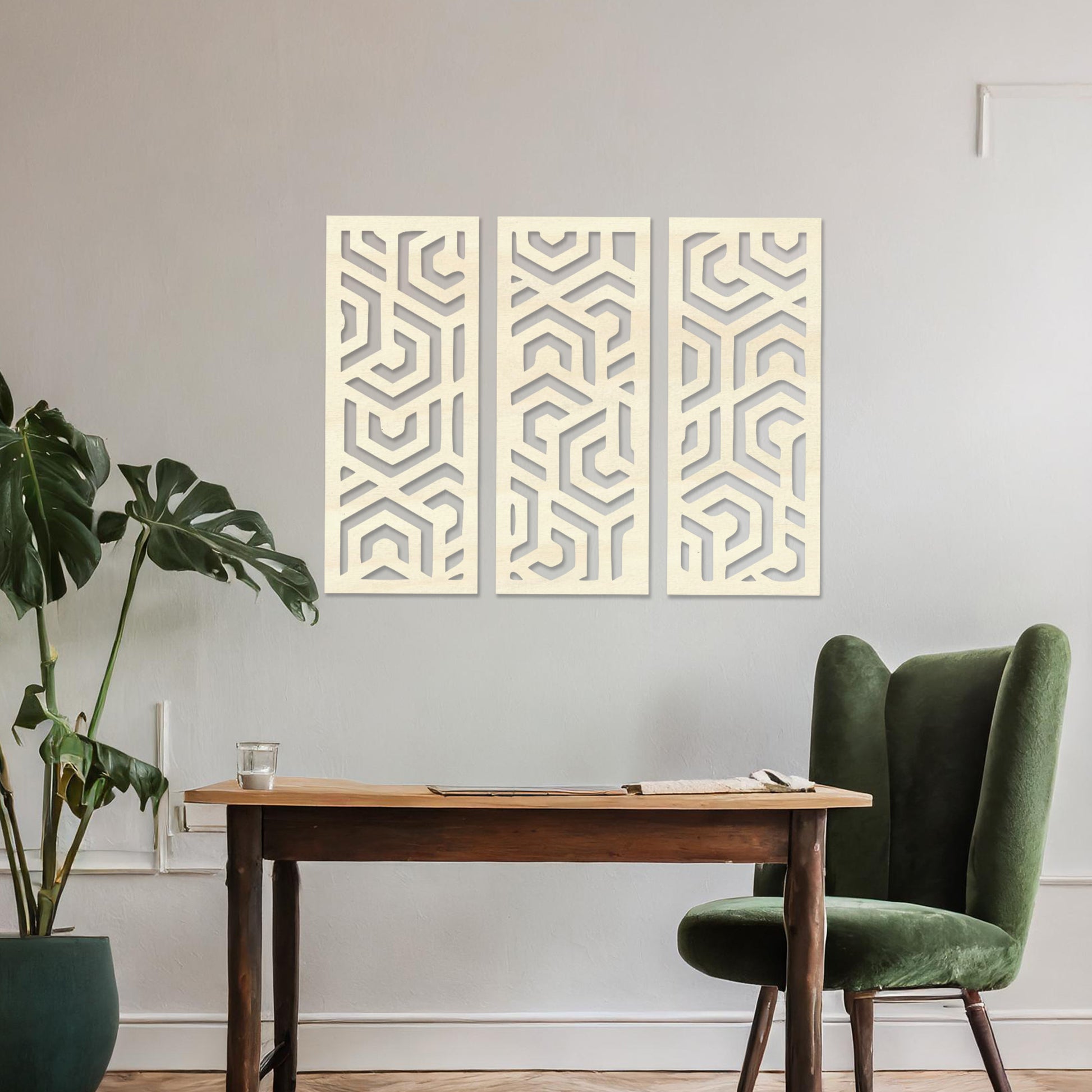 Wooden wall art featuring a three-panel design with intricate geometric patterns. The artwork is displayed on a neutral wall within modern room decor, highlighting its bold and symmetrical design.