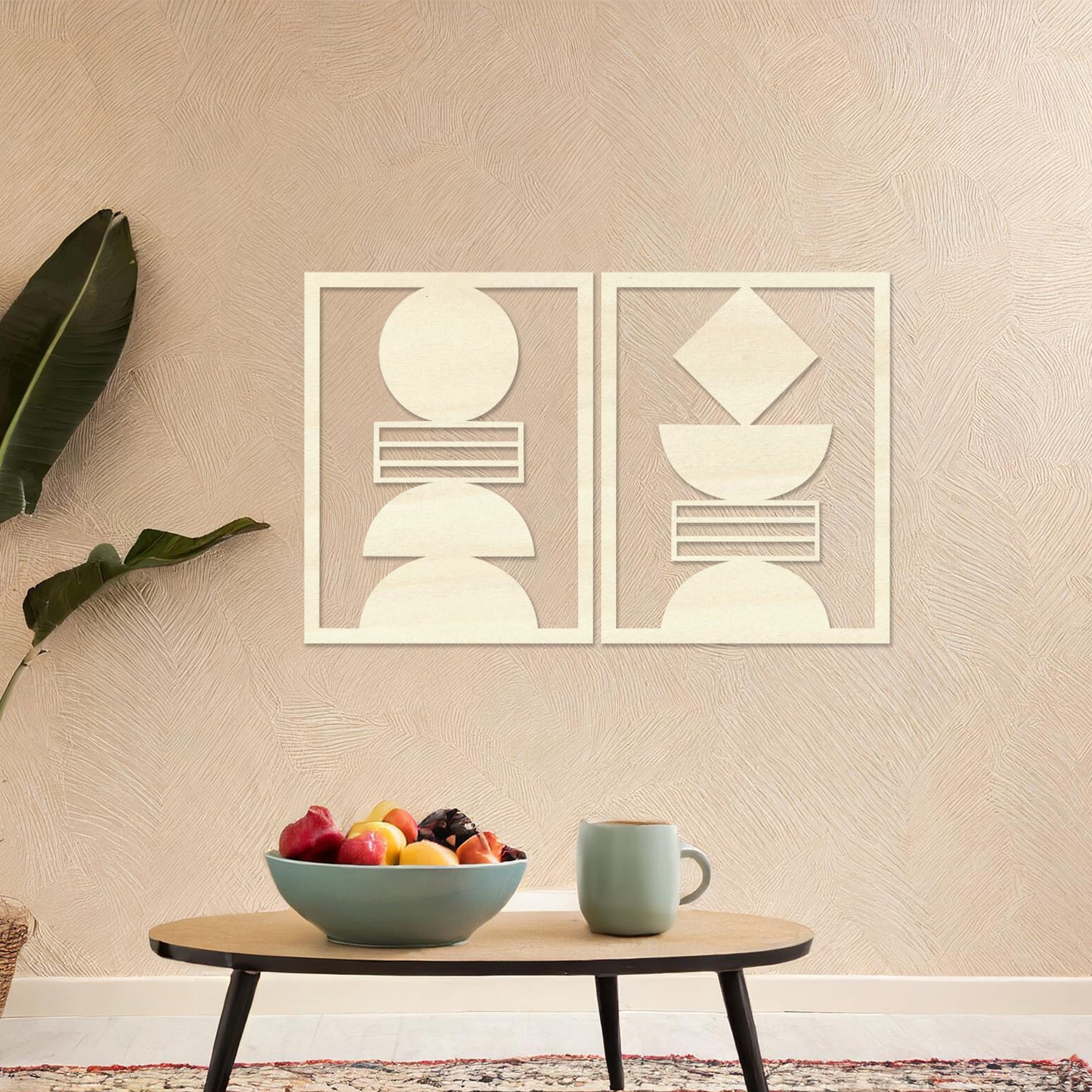 Wall art featuring a set of two geometric abstract designs, each framed with symmetrical shapes and minimalist patterns. The pieces are displayed on a neutral wall within modern room decor, enhancing the contemporary aesthetic.