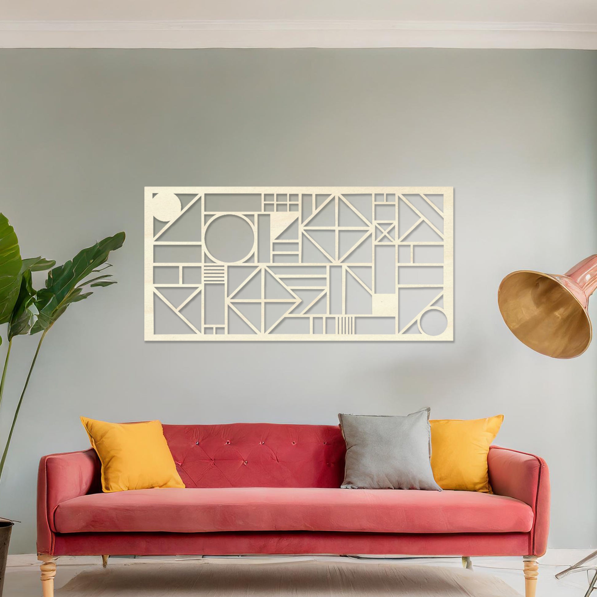 Wooden wall art design featuring a geometric composition with abstract shapes and patterns, placed on a neutral wall within modern room decor. The design combines dynamic lines and forms for a bold, contemporary look.