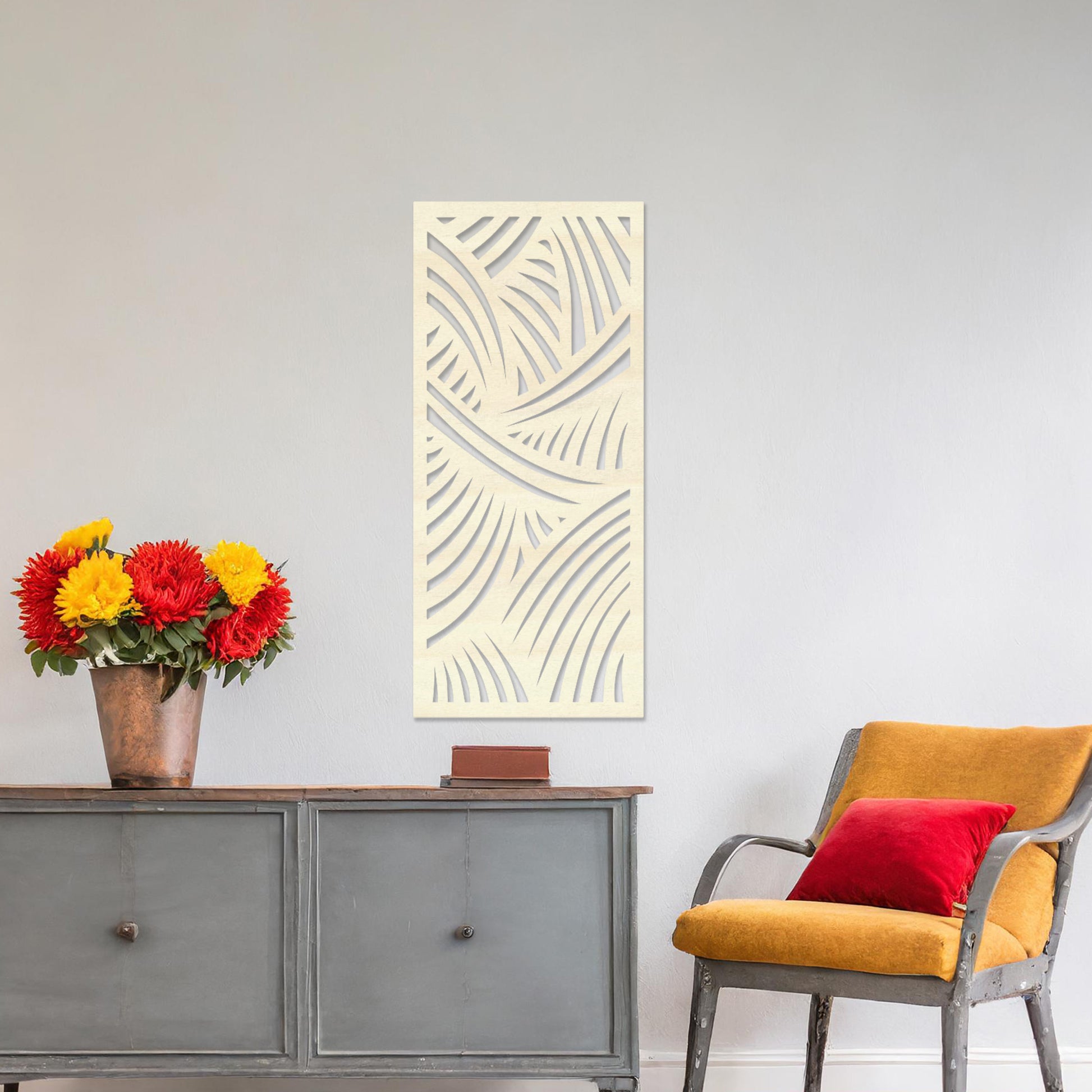 Wall art featuring an abstract design with intersecting curved lines creating a dynamic pattern. The piece is displayed on a neutral wall within modern decor, adding a bold and artistic statement to the space.