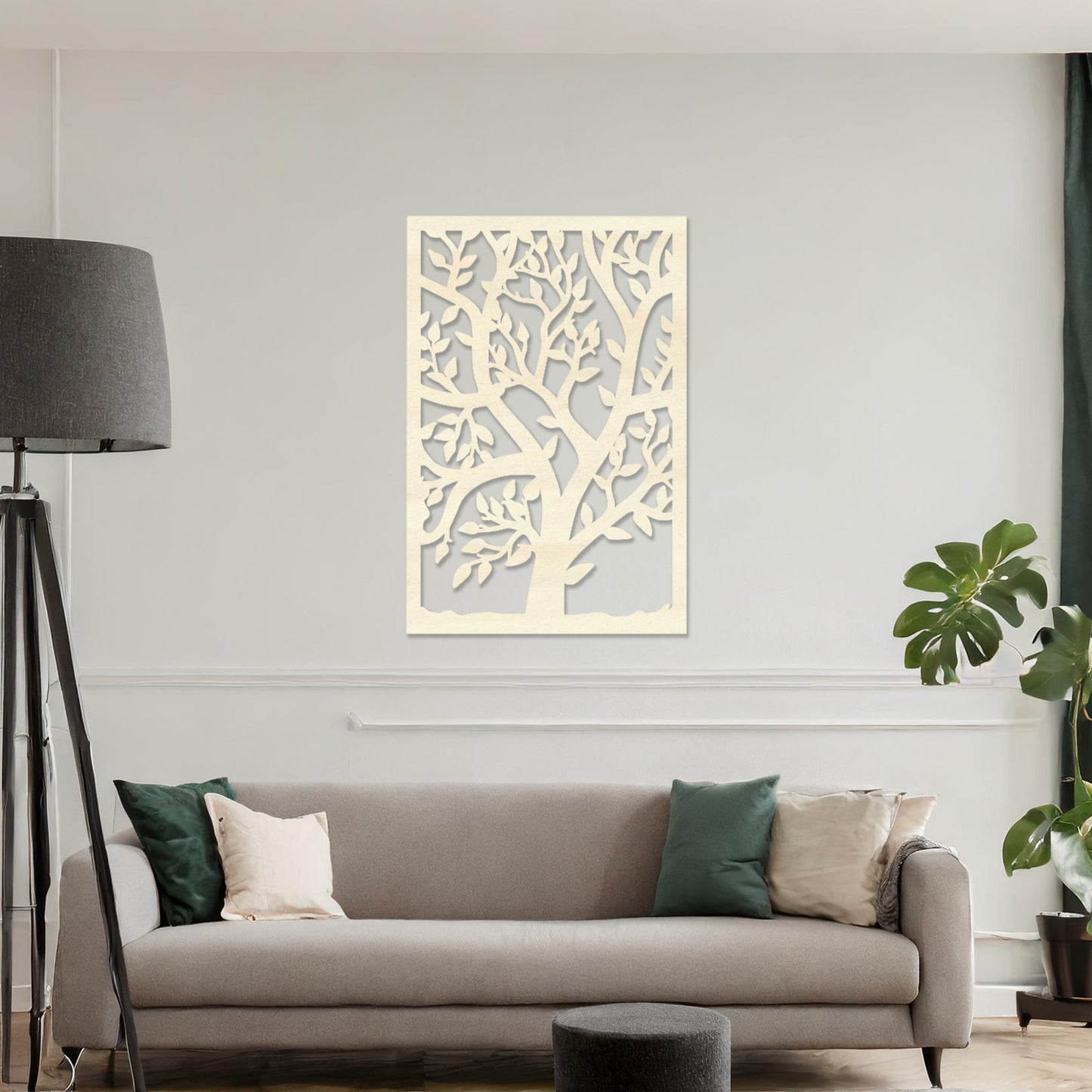 This design features a tree with intricate branches and leaves within a rectangular frame, offering a natural and serene aesthetic. It brings a sense of growth and harmony to modern interiors.
