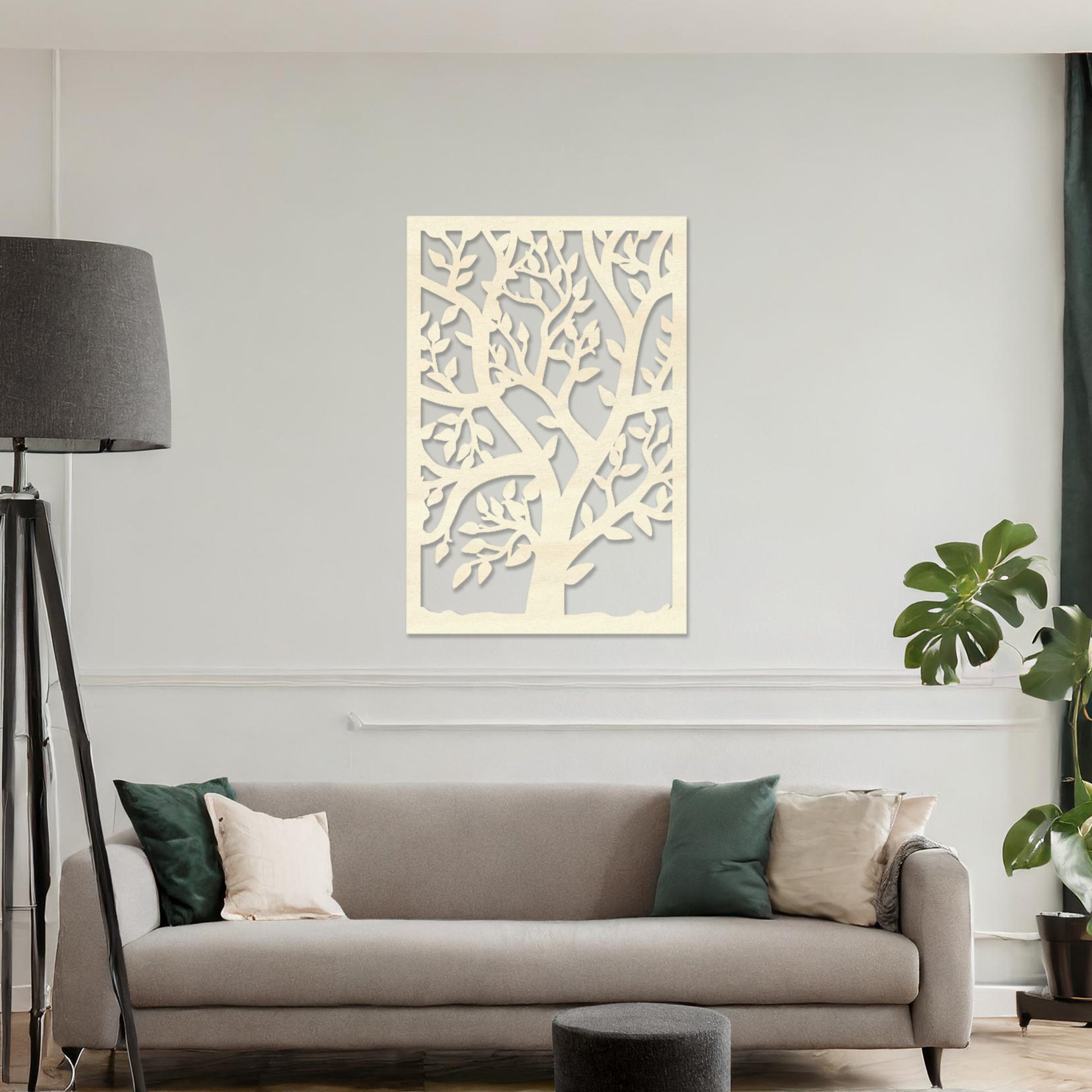 This design features a tree with intricate branches and leaves within a rectangular frame, offering a natural and serene aesthetic. It brings a sense of growth and harmony to modern interiors.