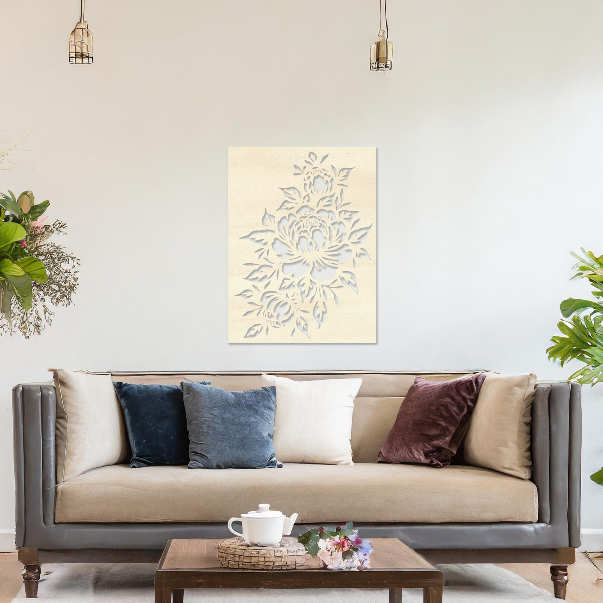 Wall art featuring a detailed floral design with blooming peonies and intricate leaves. The piece is mounted on a neutral wall within modern room decor, adding a touch of natural elegance to the space.
