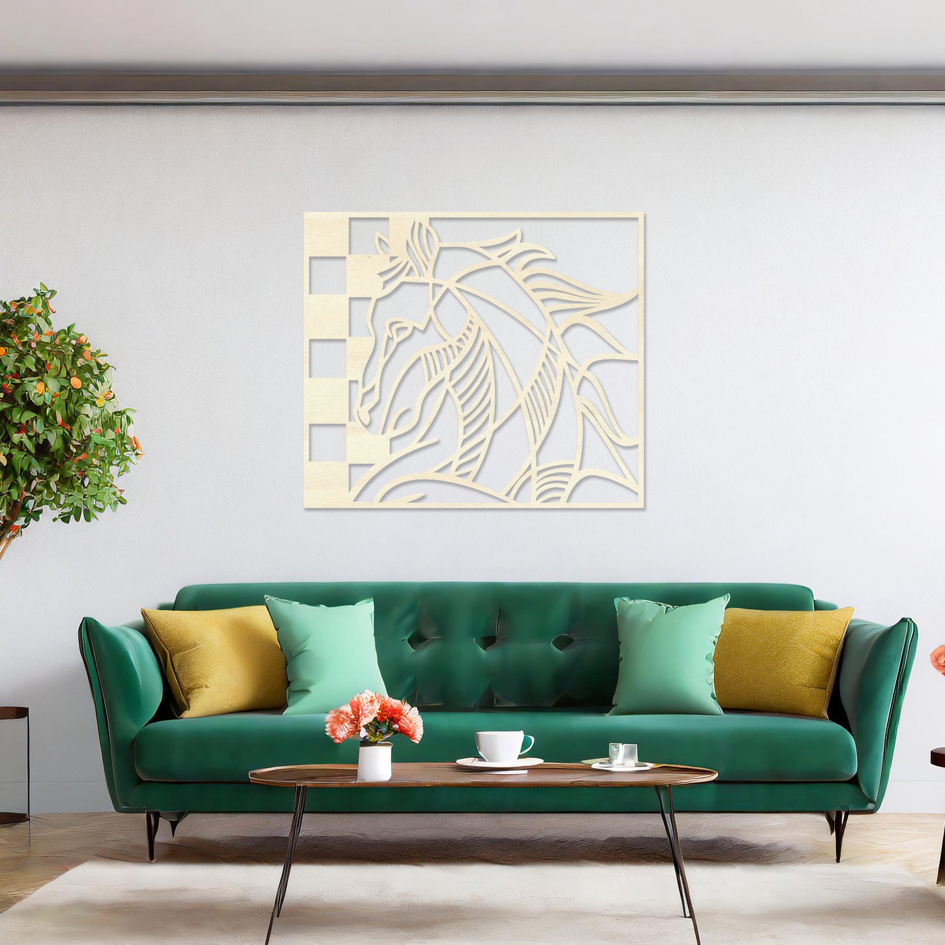 Wooden wall art design featuring a stylized horse's head integrated with geometric checkered patterns, placed on a neutral wall within elegant room decor. The design combines the beauty of nature with modern, abstract elements for a dynamic and artistic look.