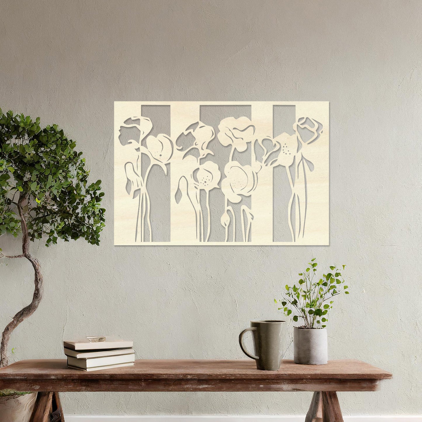 Wall art featuring a floral design with stylised poppy flowers arranged in vertical panel. The piece is displayed on a neutral wall within modern room decor, enhancing the serene and elegant atmosphere of the space.