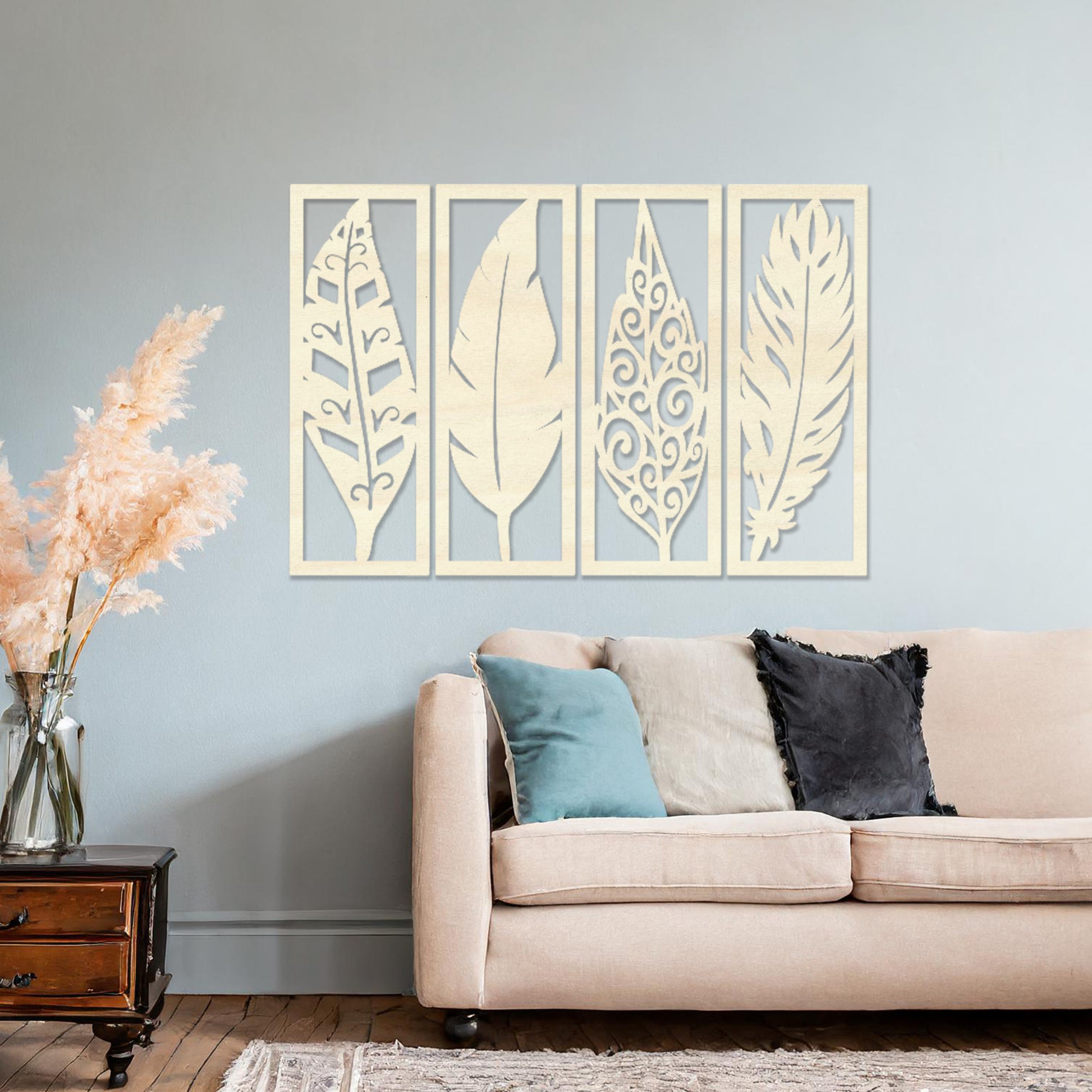 Wooden wall art design featuring five vertical panels, each with a different leaf design, placed on a neutral wall within modern room decor. The design combines organic shapes with intricate details for a natural yet elegant aesthetic.