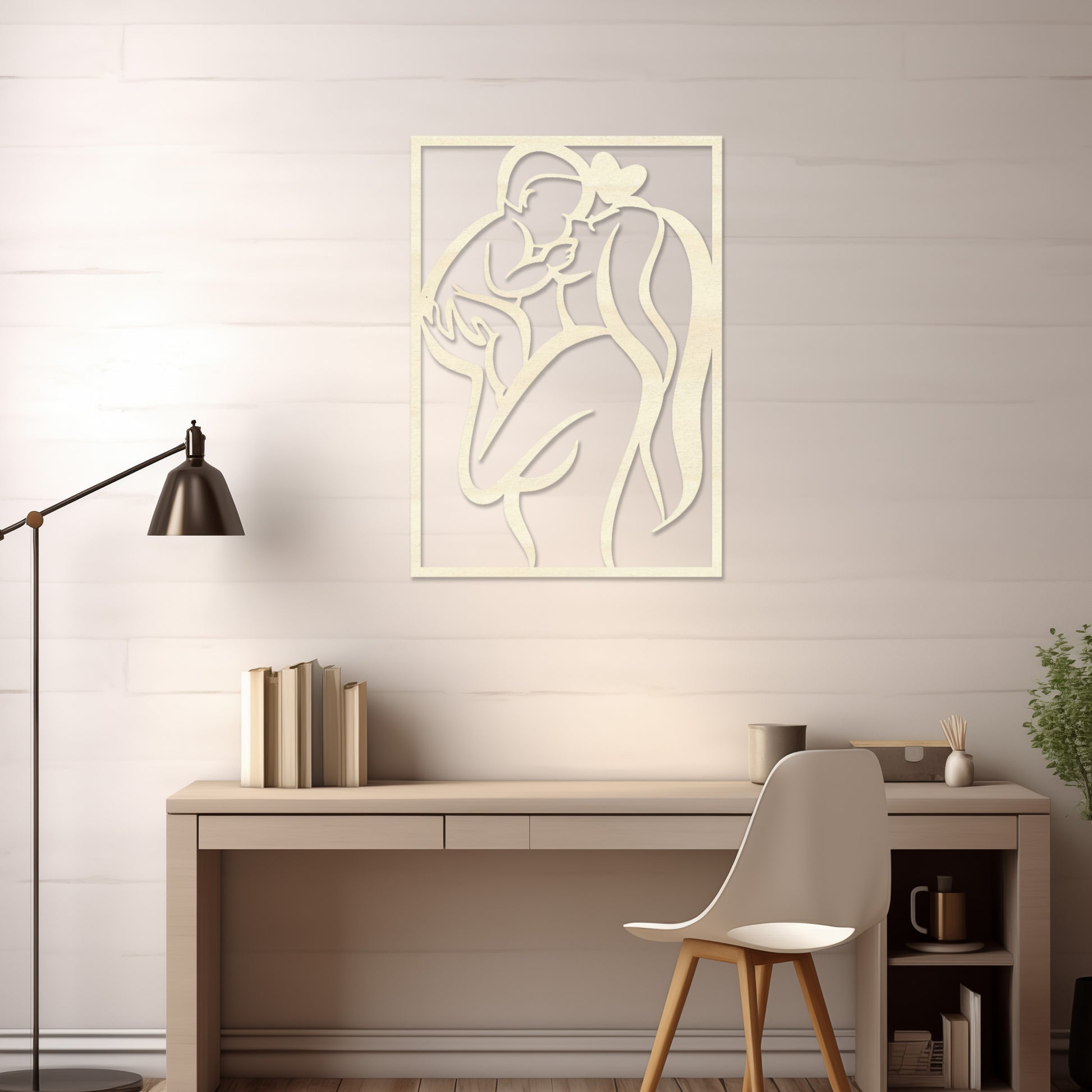 Wooden wall art featuring a rectangular design depicting a mother holding her baby in an abstract and heartfelt style. The artwork is displayed on a neutral wall within modern room decor, highlighting its emotional and artistic essence.