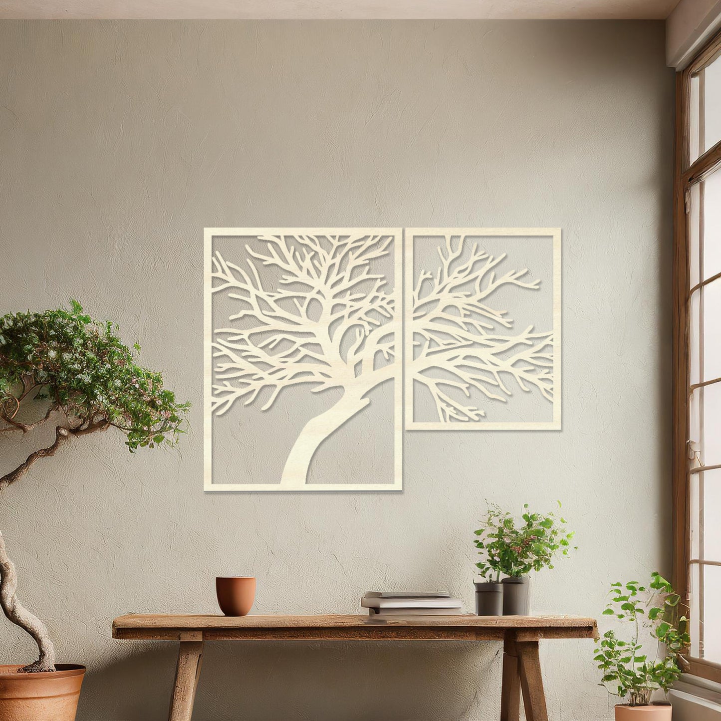 Wooden wall art design featuring a two-panel composition of a bare tree with intricate branches, placed on a neutral wall within modern room decor. The design captures natural beauty with a minimalist, elegant form.