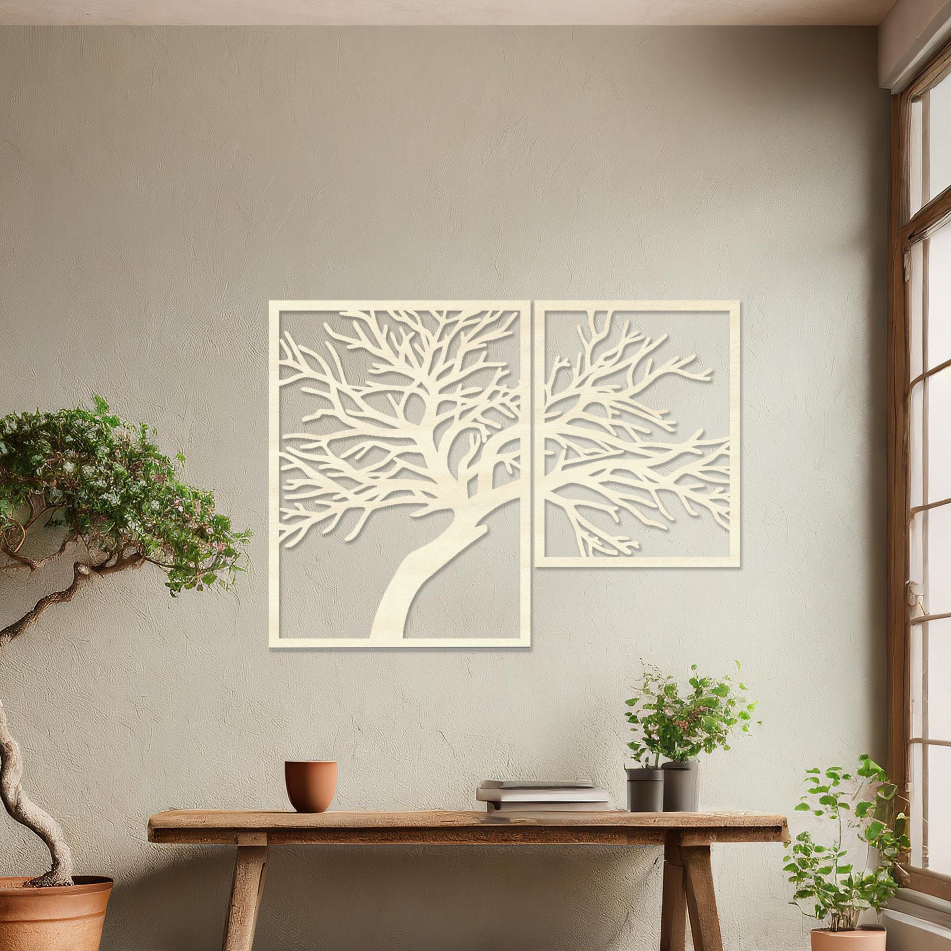 Wooden wall art design featuring a two-panel composition of a bare tree with intricate branches, placed on a neutral wall within modern room decor. The design captures natural beauty with a minimalist, elegant form.