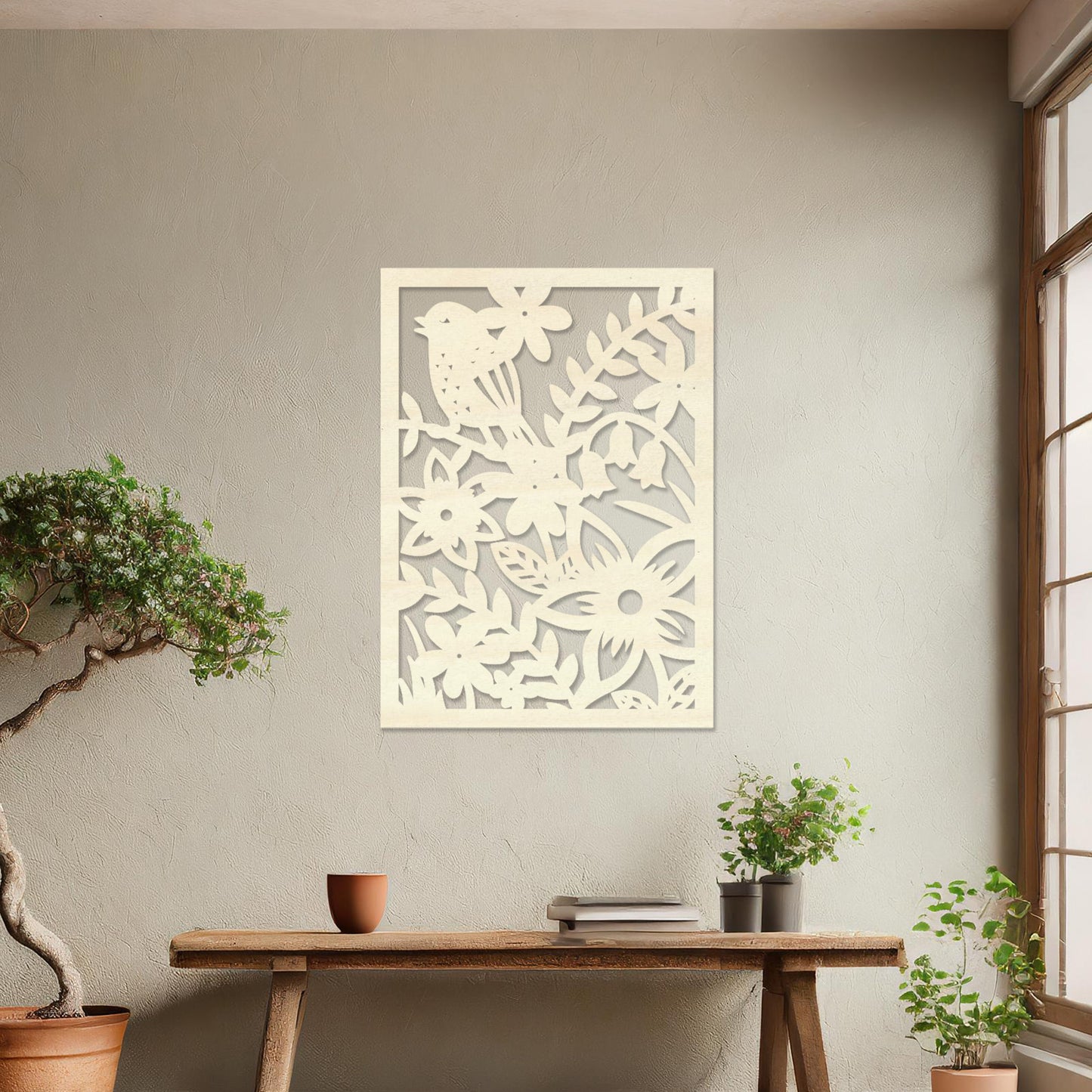 Wooden wall art design featuring a detailed scene with flowers and a bird, placed on a neutral wall within modern room decor. The design showcases nature-inspired elements, creating a balanced and harmonious aesthetic.