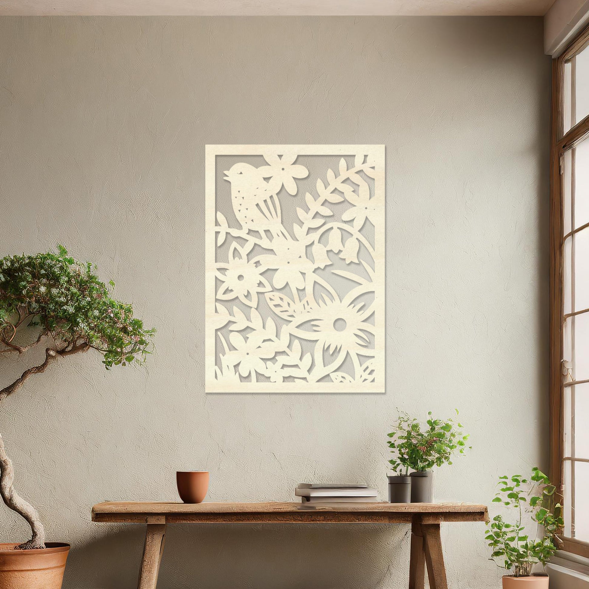 Wooden wall art design featuring a detailed scene with flowers and a bird, placed on a neutral wall within modern room decor. The design showcases nature-inspired elements, creating a balanced and harmonious aesthetic.