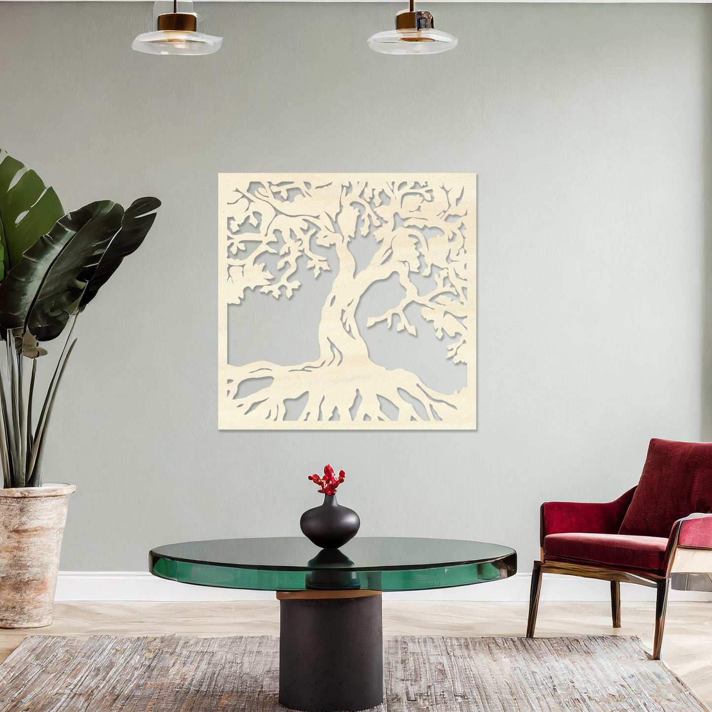 Wall art featuring a detailed tree of life design with sprawling branches and roots, symbolising growth and connection. The piece is displayed on a neutral wall within rustic-modern decor, adding a natural and meaningful focal point to the space.