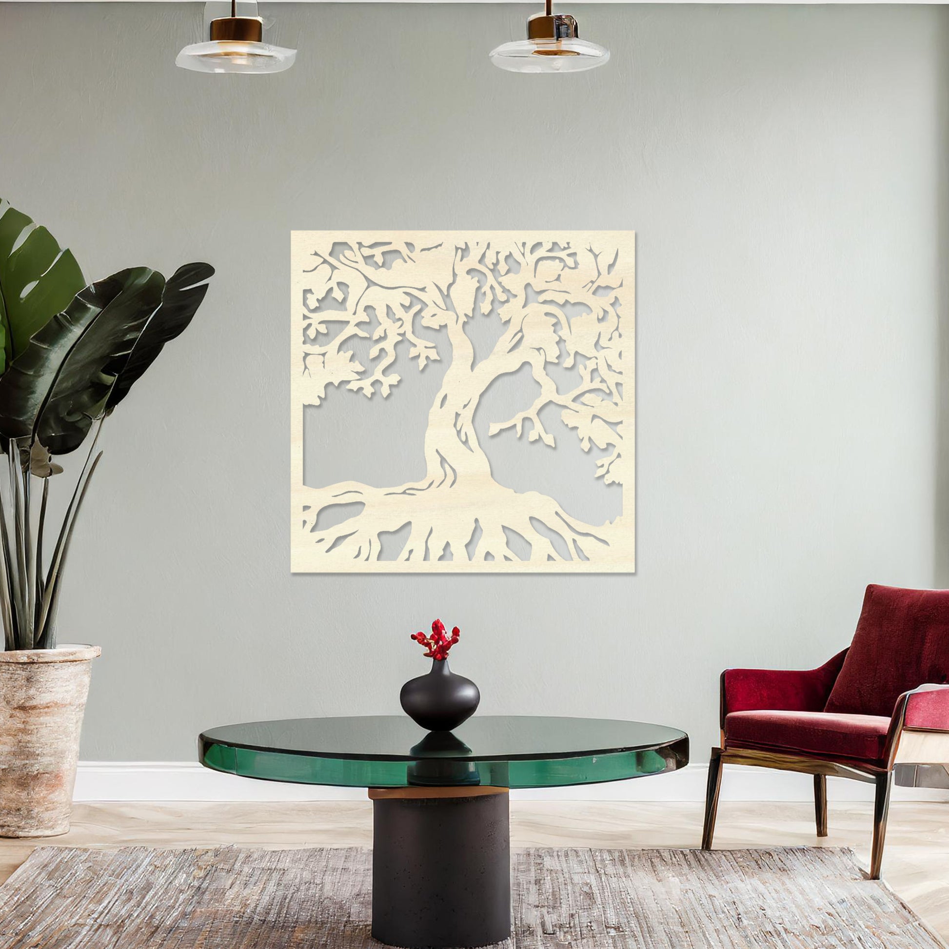 Wall art featuring a detailed tree of life design with sprawling branches and roots, symbolising growth and connection. The piece is displayed on a neutral wall within rustic-modern decor, adding a natural and meaningful focal point to the space.
