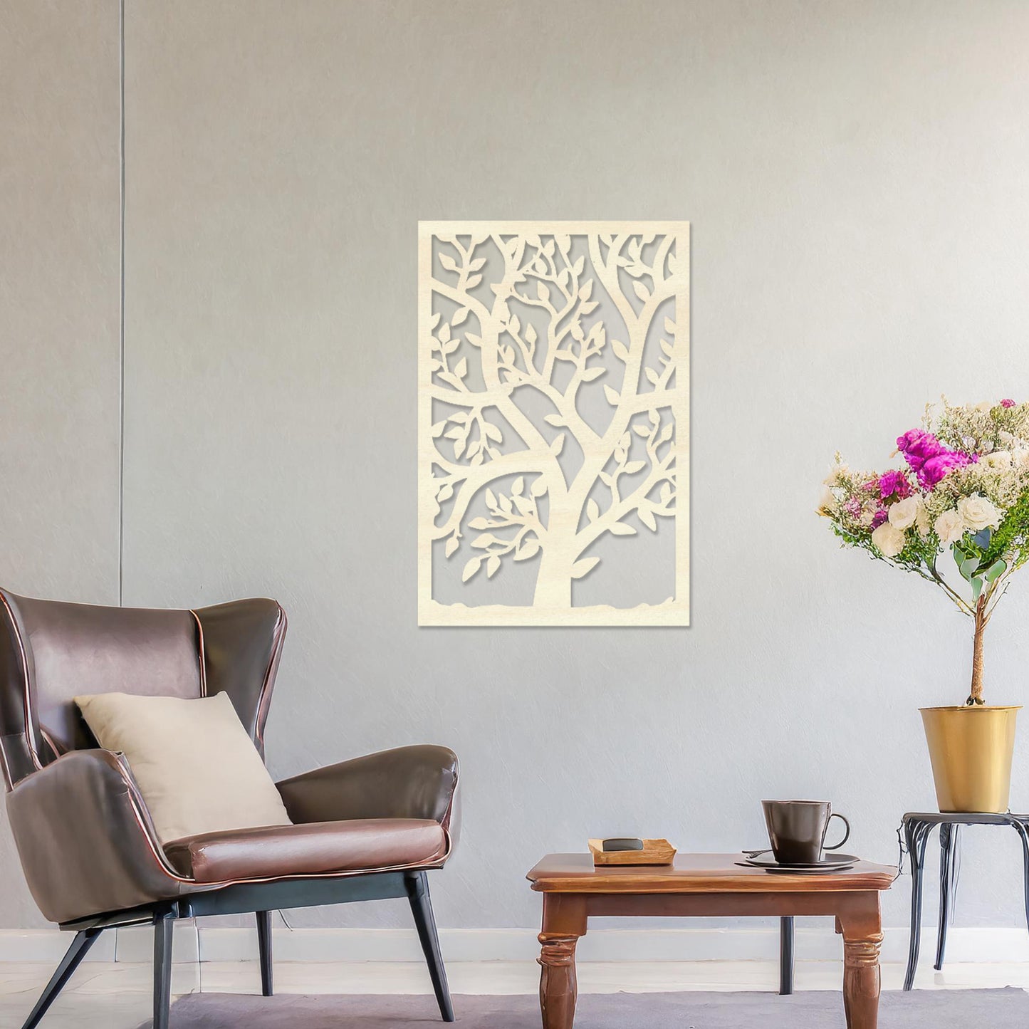 Wooden wall art featuring a rectangular design with an intricate tree motif, showcasing detailed branches and leaves. The artwork is displayed on a neutral wall within modern room decor, highlighting its natural elegance.