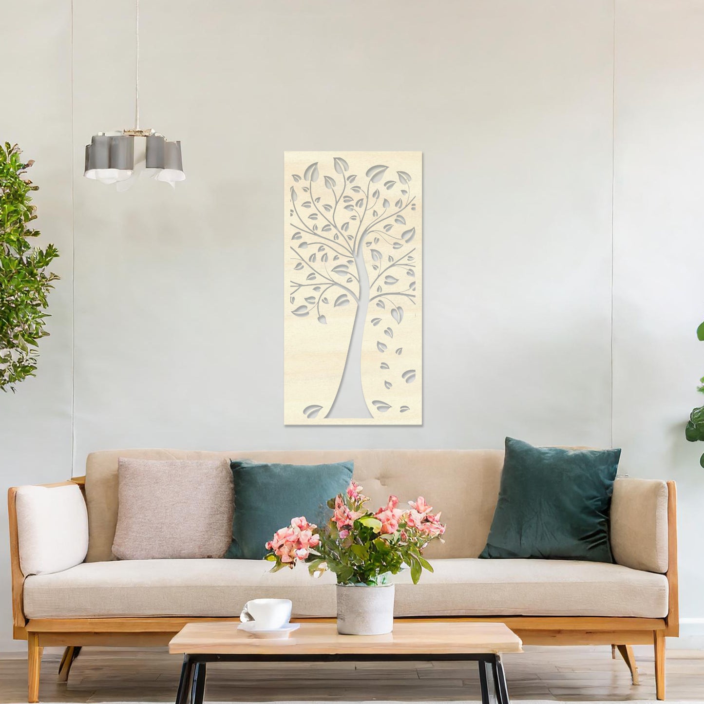 This design showcases a stylized tree with intricate branches and falling leaves, all within a vertical frame. The delicate detailing evokes natural beauty, adding an elegant touch to any modern room.