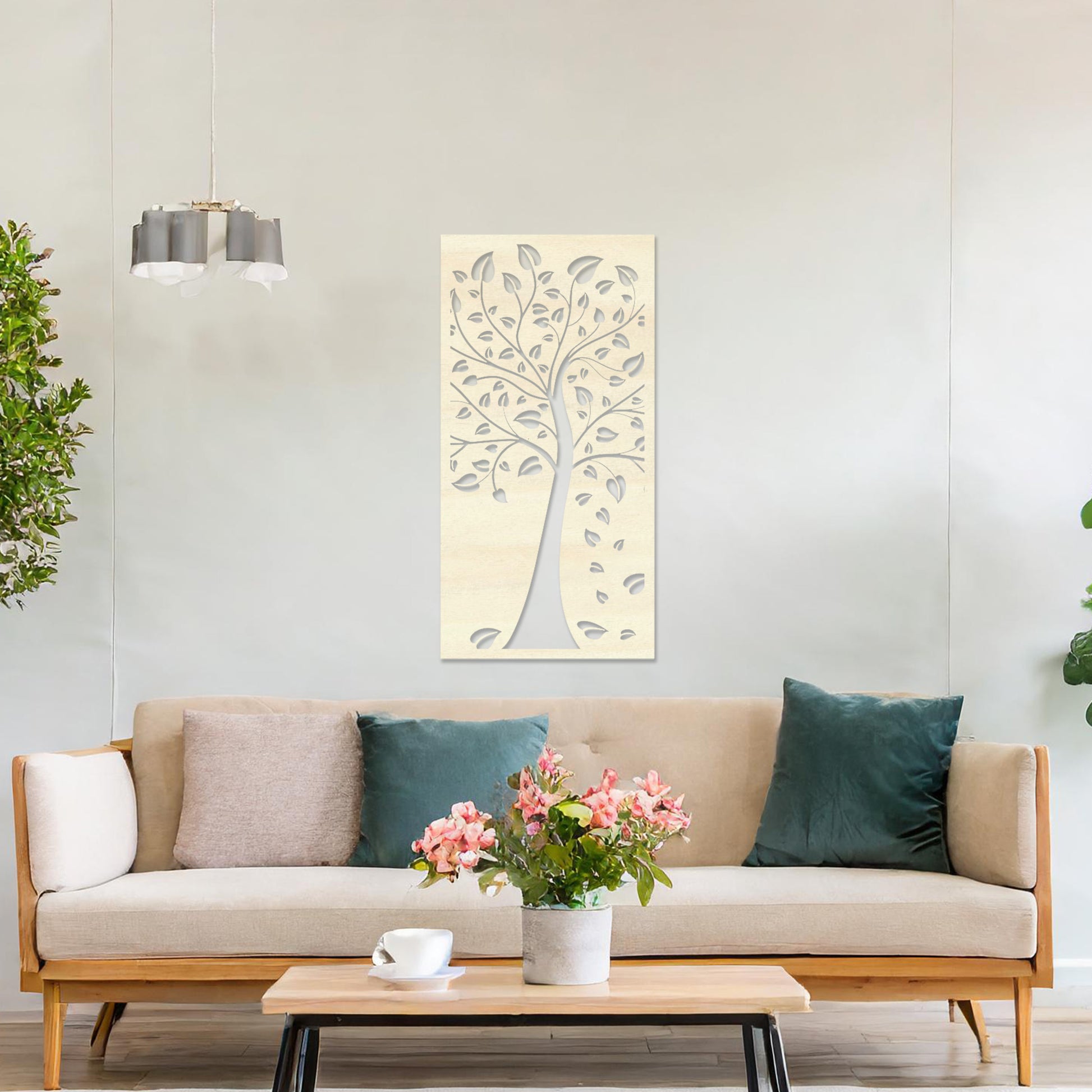This design showcases a stylized tree with intricate branches and falling leaves, all within a vertical frame. The delicate detailing evokes natural beauty, adding an elegant touch to any modern room.