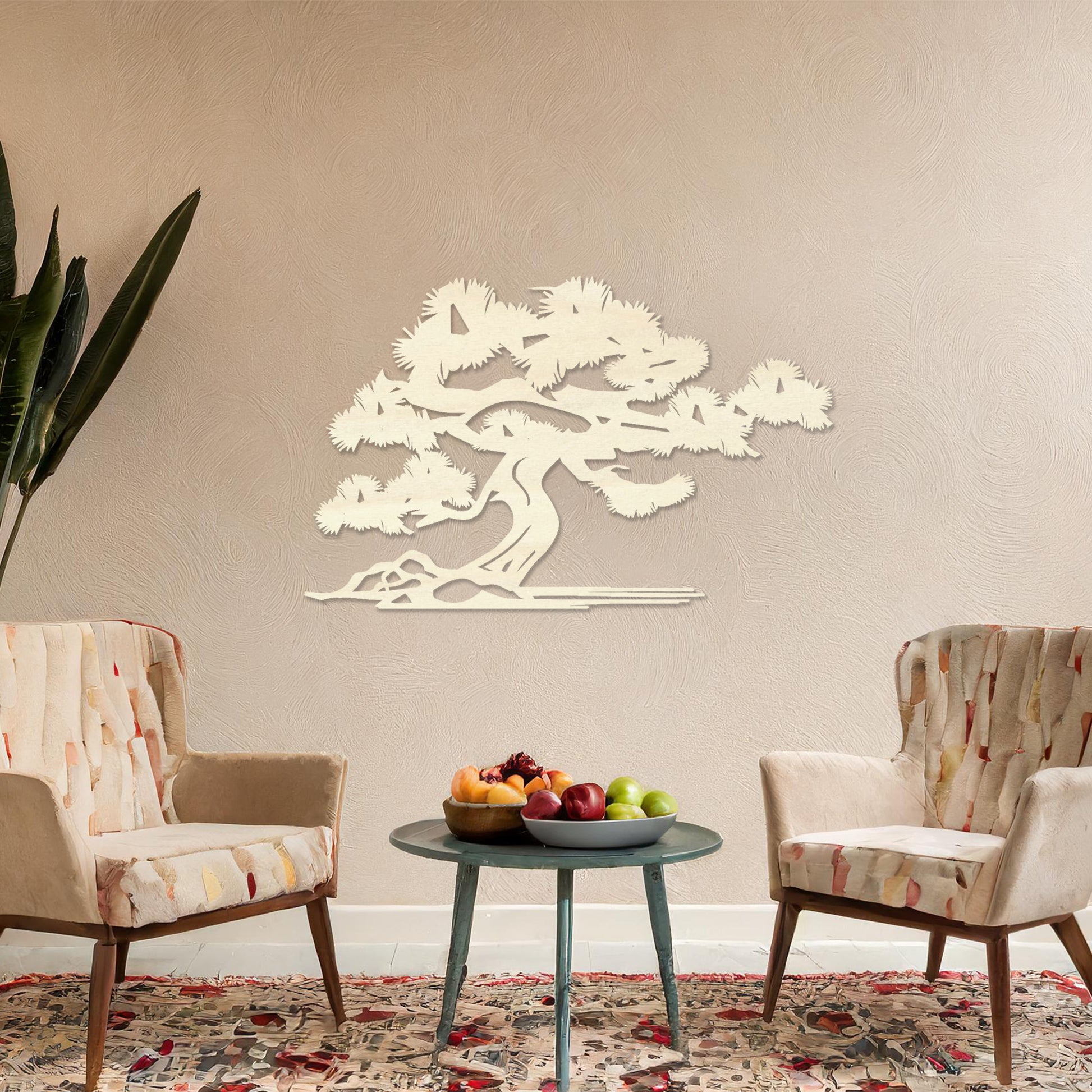 Wooden wall art featuring a bonsai-inspired tree design with detailed branches and roots, placed on a neutral wall within a modern room decor, showcasing its delicate craftsmanship and minimalist elegance.