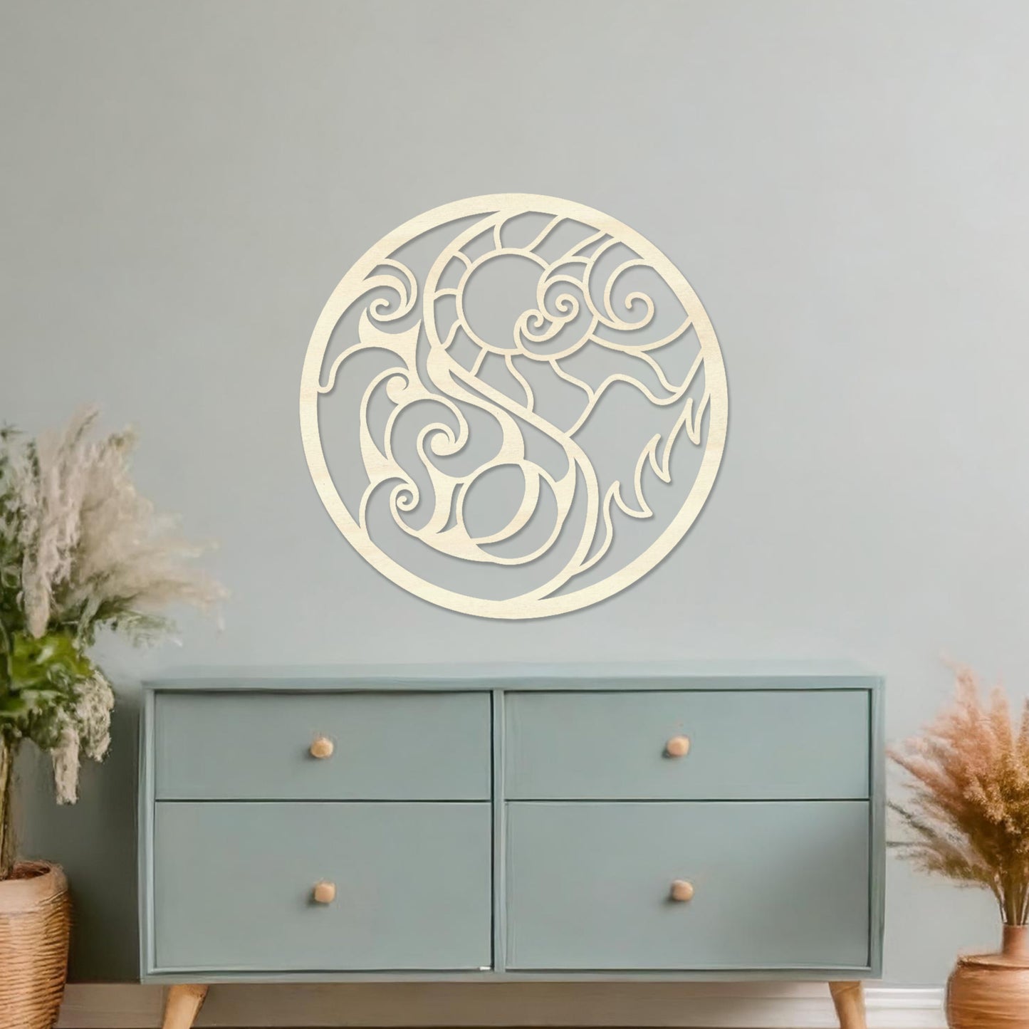 Wall art featuring a circular design with intricate swirls and flame-like patterns, combining fluid and dynamic elements. The piece is displayed on a neutral wall within modern decor, adding a bold and artistic focal point to the space.